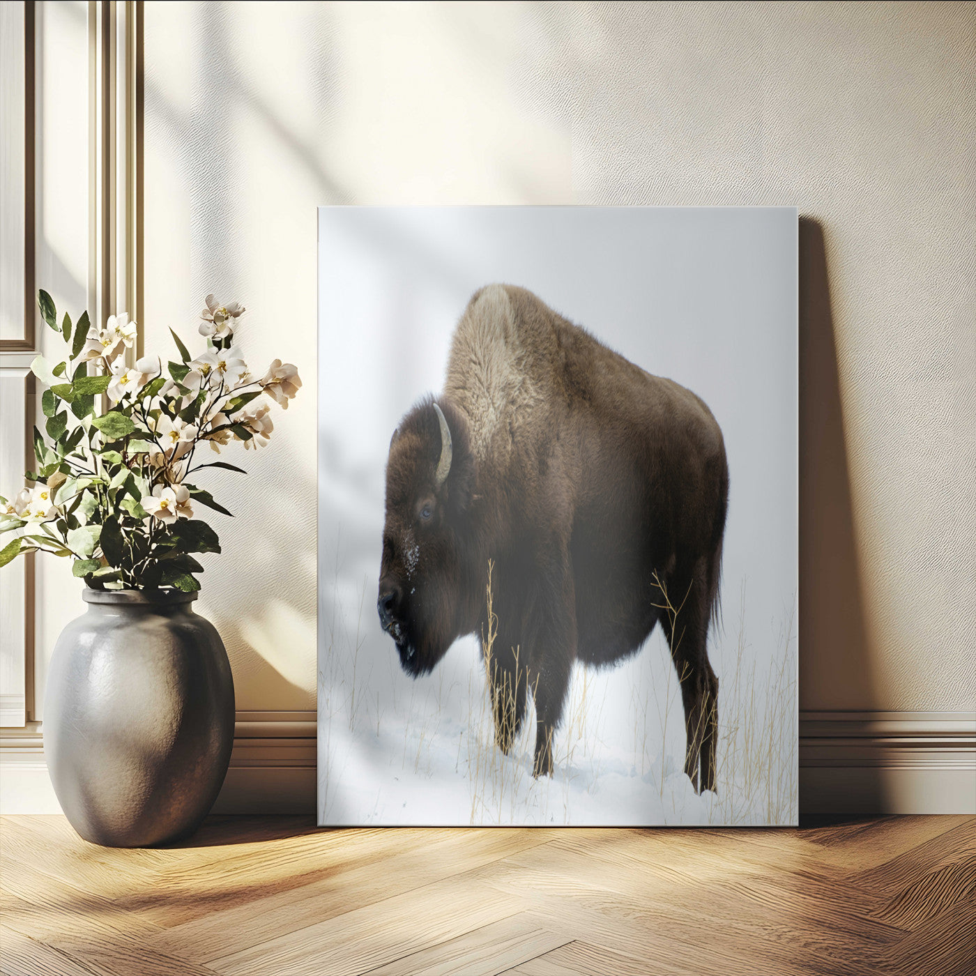 76778120-MGV-CV-24X36-Bison Photography Wall Art Canvas Print, Framed Western Wildlife Art Picture Print, Buffalo On Snow Perfect Western Rustic Decor