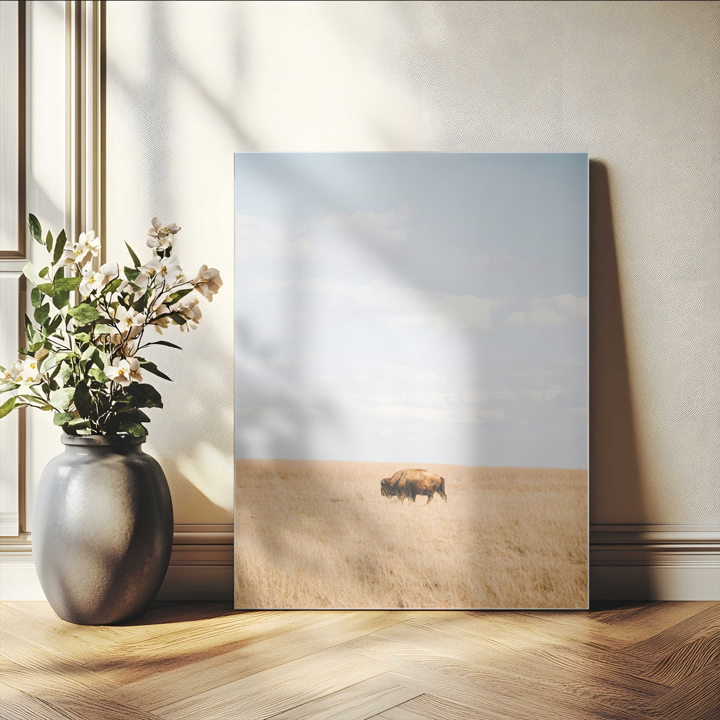 96766166-MGV-CV-24X36-Minimalist Nature Wall Art Canvas Print, Framed Bison In Grassland Art Picture Print, Open Field Perfect Modern Ranch Decor Decor