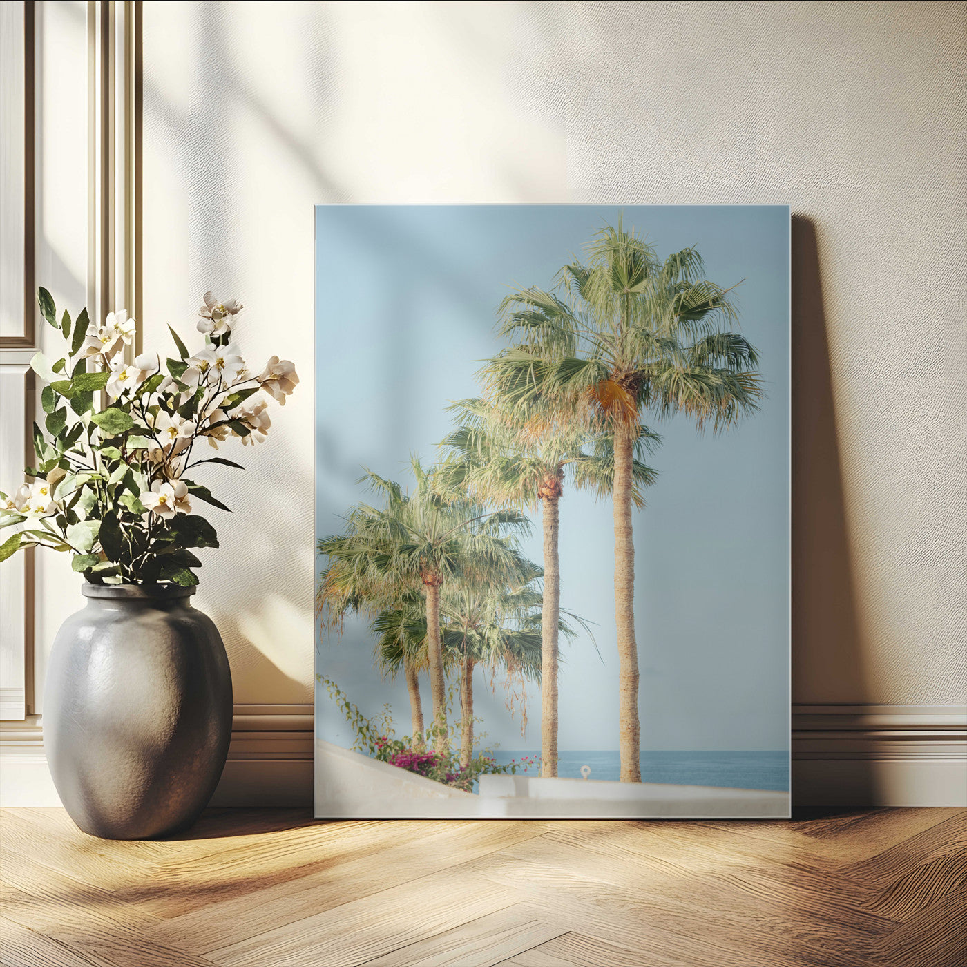 46777020-MGV-CV-24X36-Palm Tree Wall Art – Coastal Canvas Print with Tall Palms and Blue Sky, Minimal Tropical Photography, Relaxing Beach Decor for