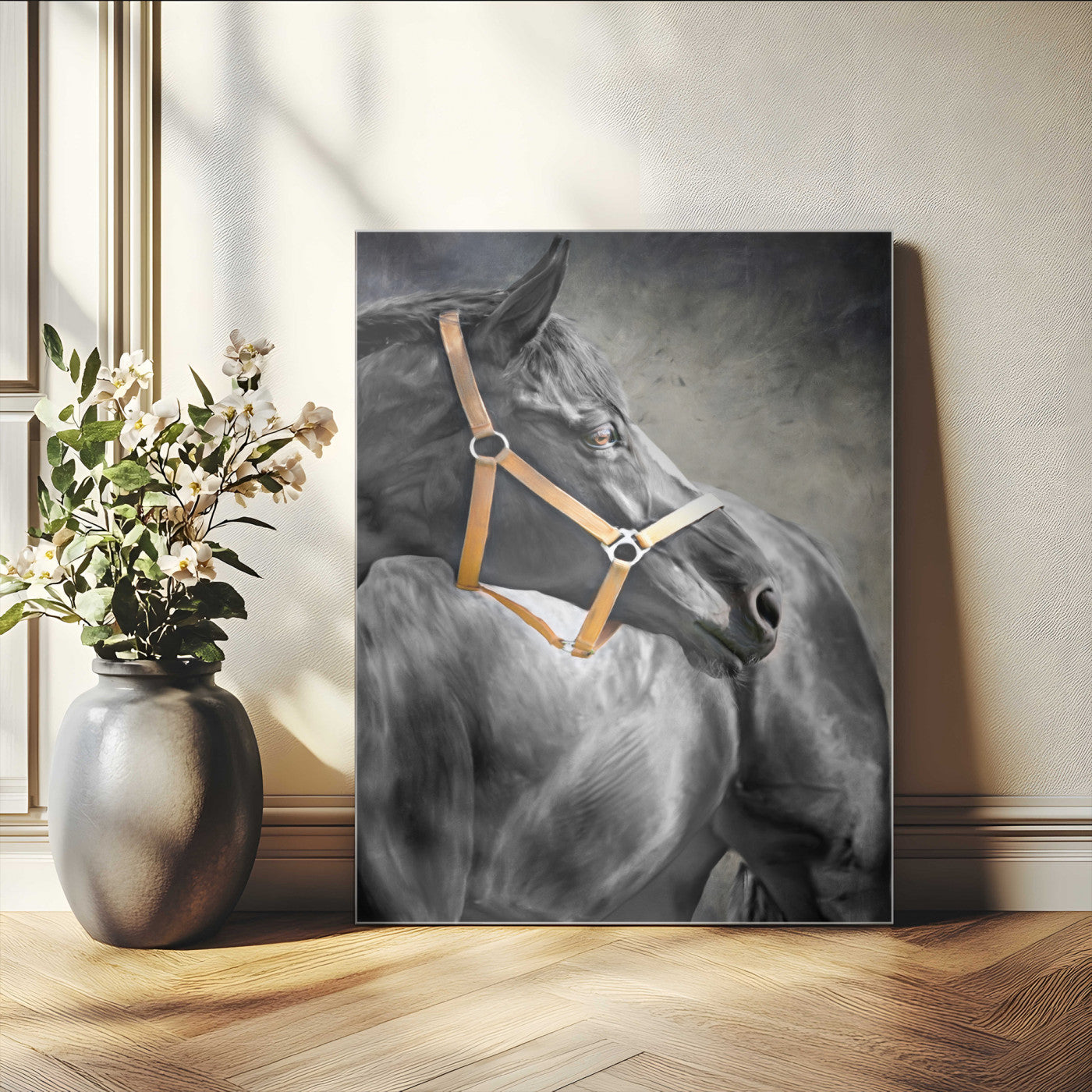 40324916-MGV-CV-24X36-Horse Wall Art – Equestrian Canvas Print, Elegant Black Stallion Portrait with Golden Halter, Rustic Western Photography Decor for