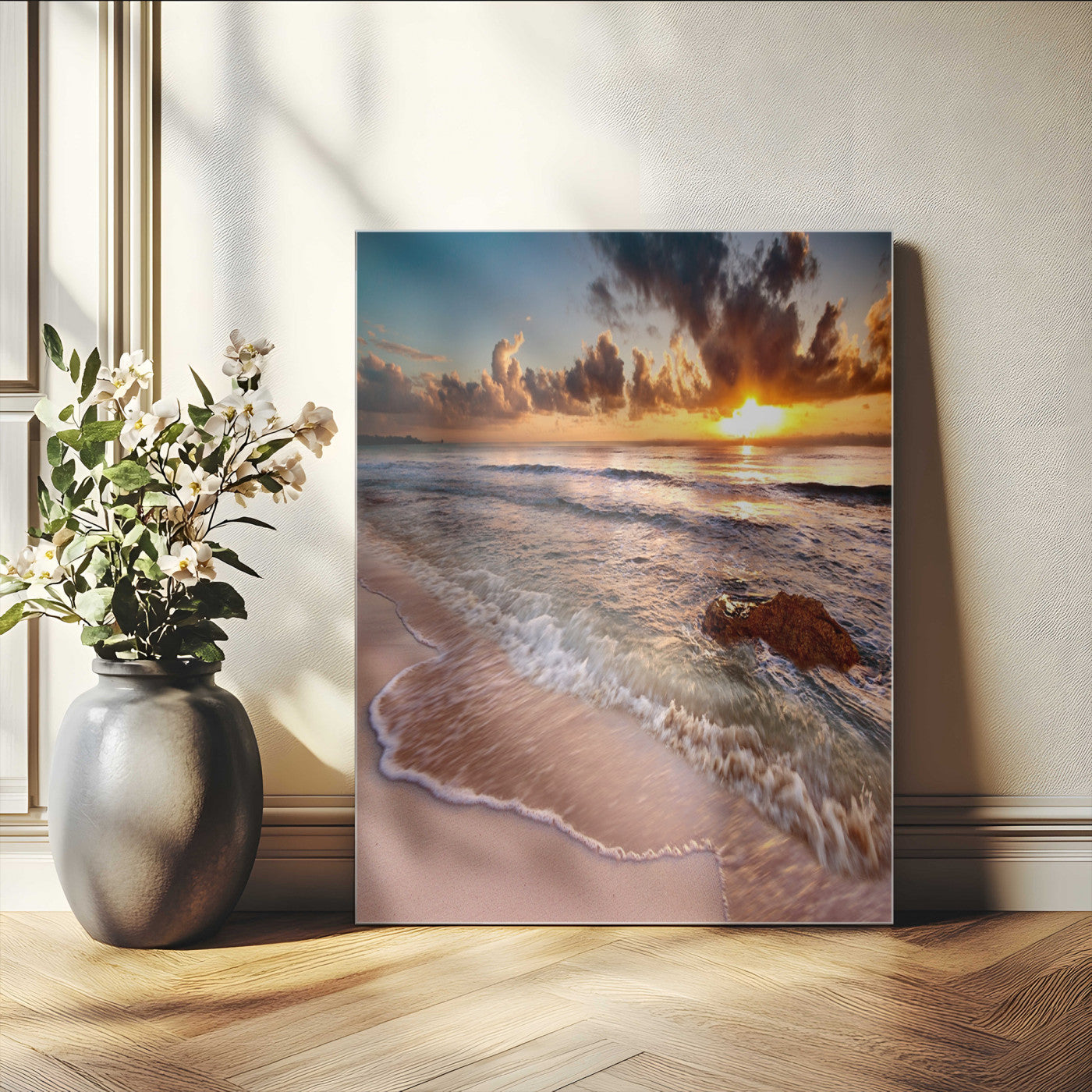 14930-MGV-CV-24X36-Beach Sunset Wall Art Canvas Print, Framed Ocean Horizon Art Picture Print, Tropical Shore Perfect Minimalist Coastal Decor