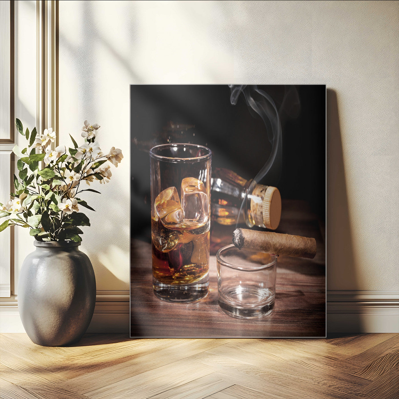 13274-MGV-CV-24X36-Whiskey Glass Wall Art Canvas Print, Framed Smoking Cigar Art Picture Print, Amber Whiskey Perfect Masculine Rustic Decor Artwork