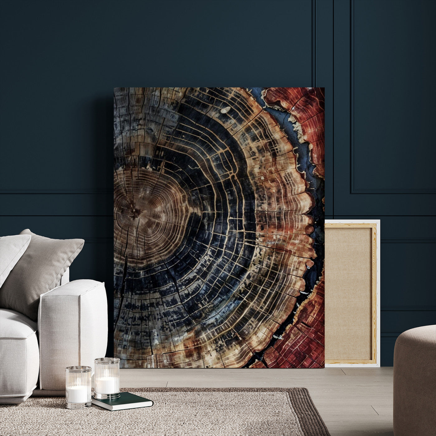 Test1-MGV-CV-24X36-Rustic Tree Ring Wall Art – Abstract Wood Grain Canvas Print, Natural Blue and Red Toned Artwork for Living Room, Bedroom, Office