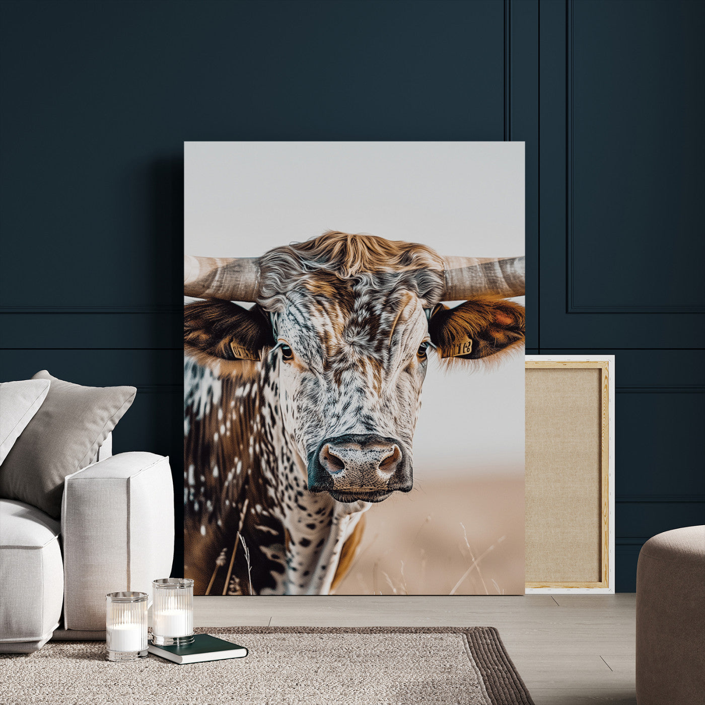 50803532-MGV-CV-24X36-Texas Longhorn Wall Art Canvas Print, Framed Speckled Cow Art Picture Print, Horned Bull Perfect Rustic Western Decor Artwork