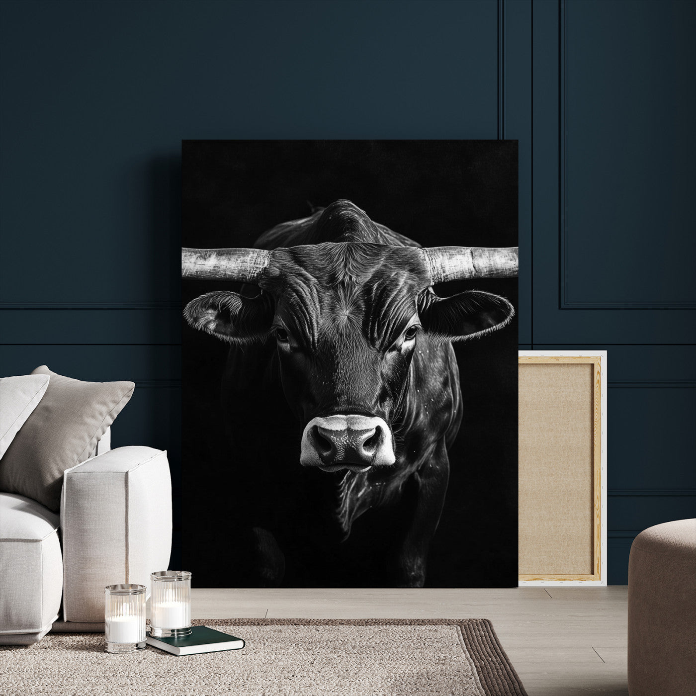 75358747-MGV-CV-24X36-Texas Longhorn Wall Art Canvas Print, Framed Monochrome Bull Art Picture Print, Horned Bull Perfect Minimalist Western Decor