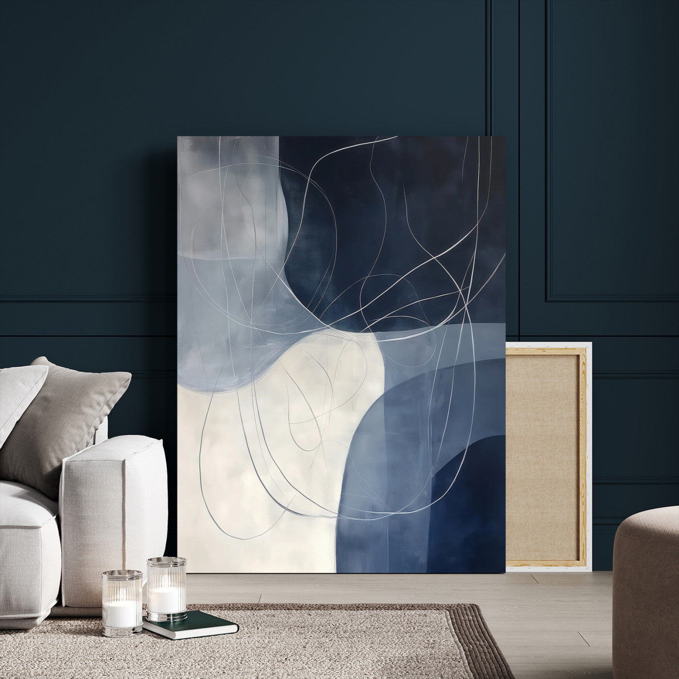 62566633-MGV-CV-24X36-Navy Abstract Wall Art Canvas Print, Framed Minimal Lineart Art Picture Print, Abstract Shapes Perfect Minimalist Abstract Decor