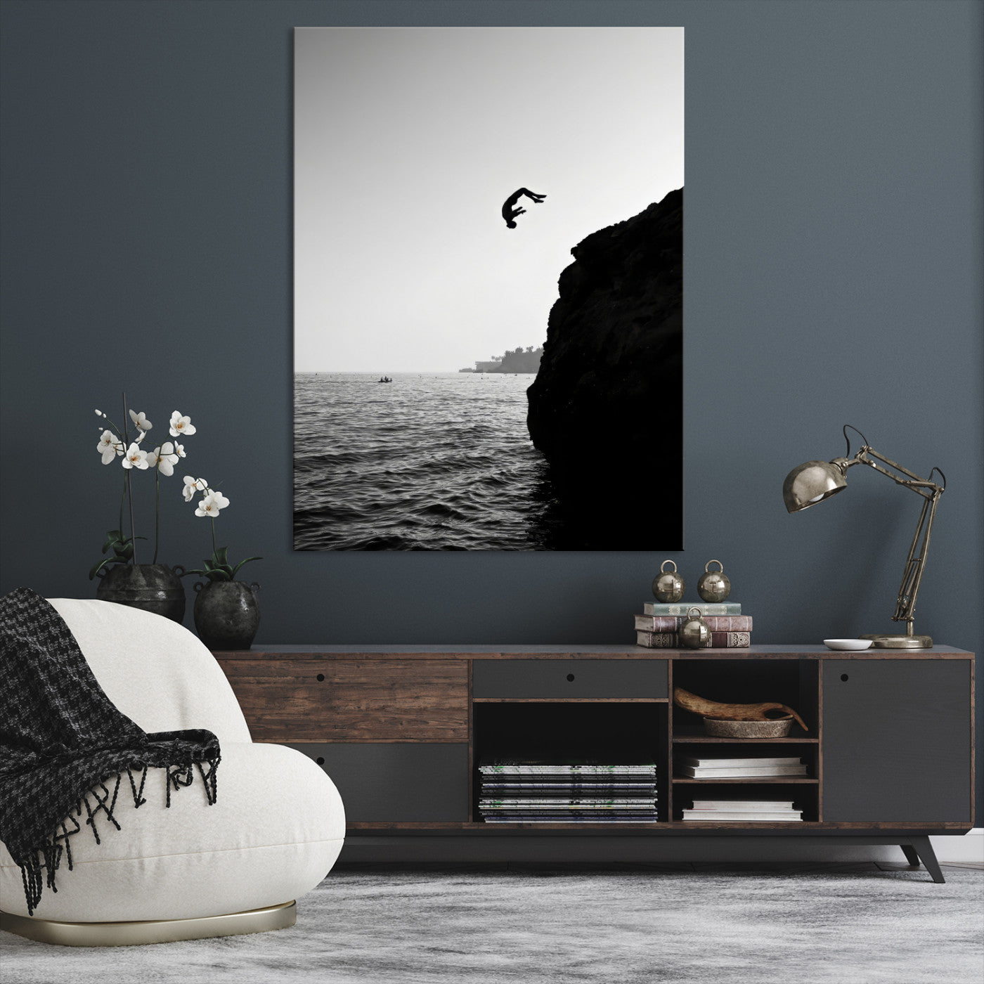 99497106-MGV-CV-24X36-Cliff Jumping Wall Art Canvas Print, Framed Black White Ocean Art Picture Print, Monochrome Cliff Perfect Minimalist Adventure