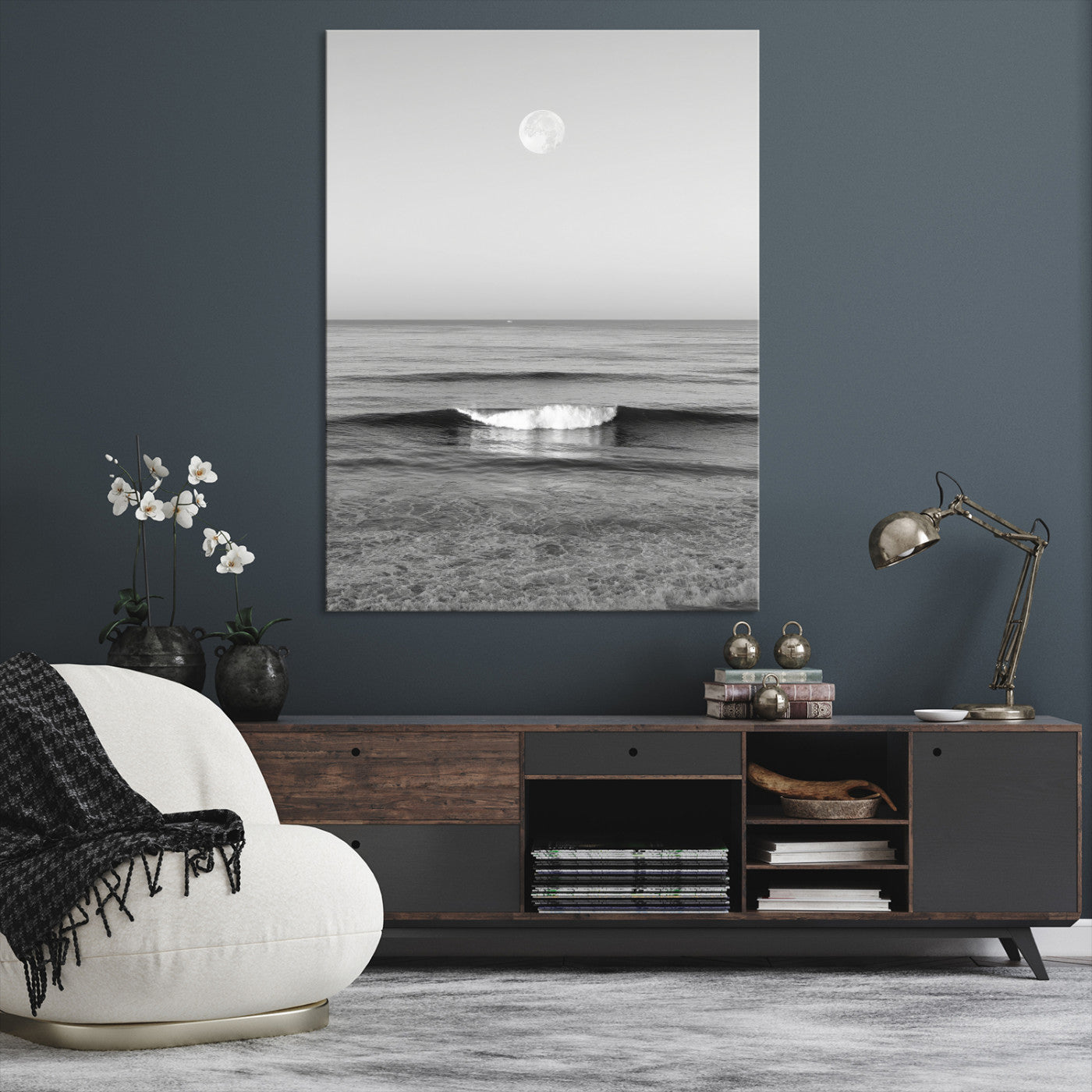96234442-MGV-CV-24X36-Black White Ocean Scene Wall Art Canvas Print, Framed Full Moon Over Sea Art Picture Print, Tranquil Coastal Canvas Perfect