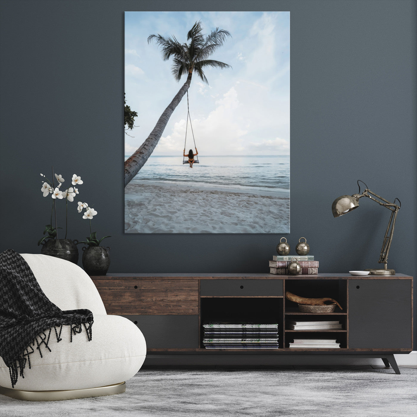 86062249-MGV-CV-24X36-Tropical Swing Wall Art Canvas Print, Framed Ocean Horizon Art Picture Print, Palm Trees Perfect Tropical Minimalist Decor Artwork