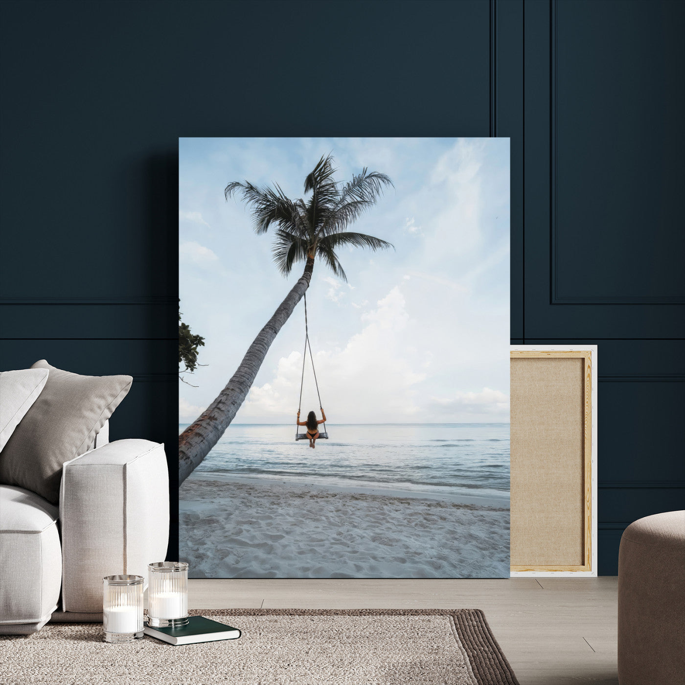 86062249-MGV-CV-24X36-Tropical Swing Wall Art Canvas Print, Framed Ocean Horizon Art Picture Print, Palm Trees Perfect Tropical Minimalist Decor Artwork