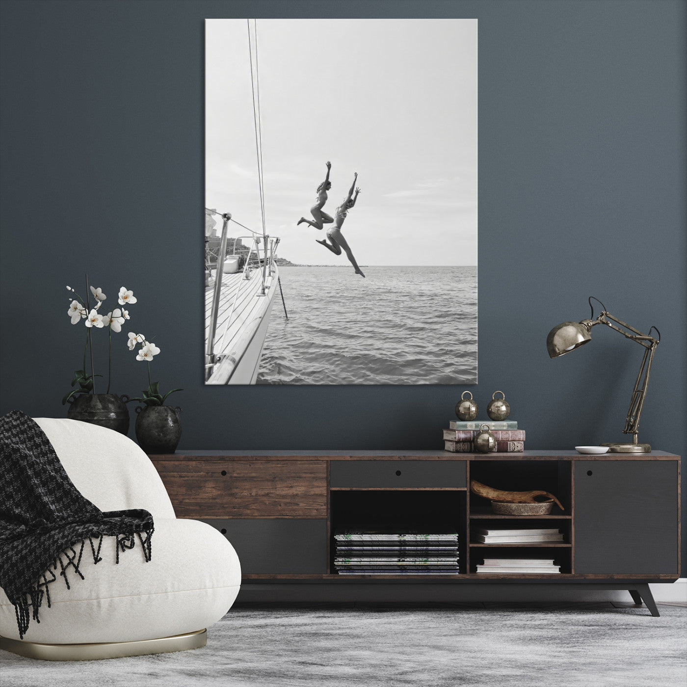 74555508-MGV-CV-24X36-Black White Sailing Wall Art Canvas Print, Framed Ocean Adventure Art Picture Print, Summer Energy Perfect Modern Minimalism Decor