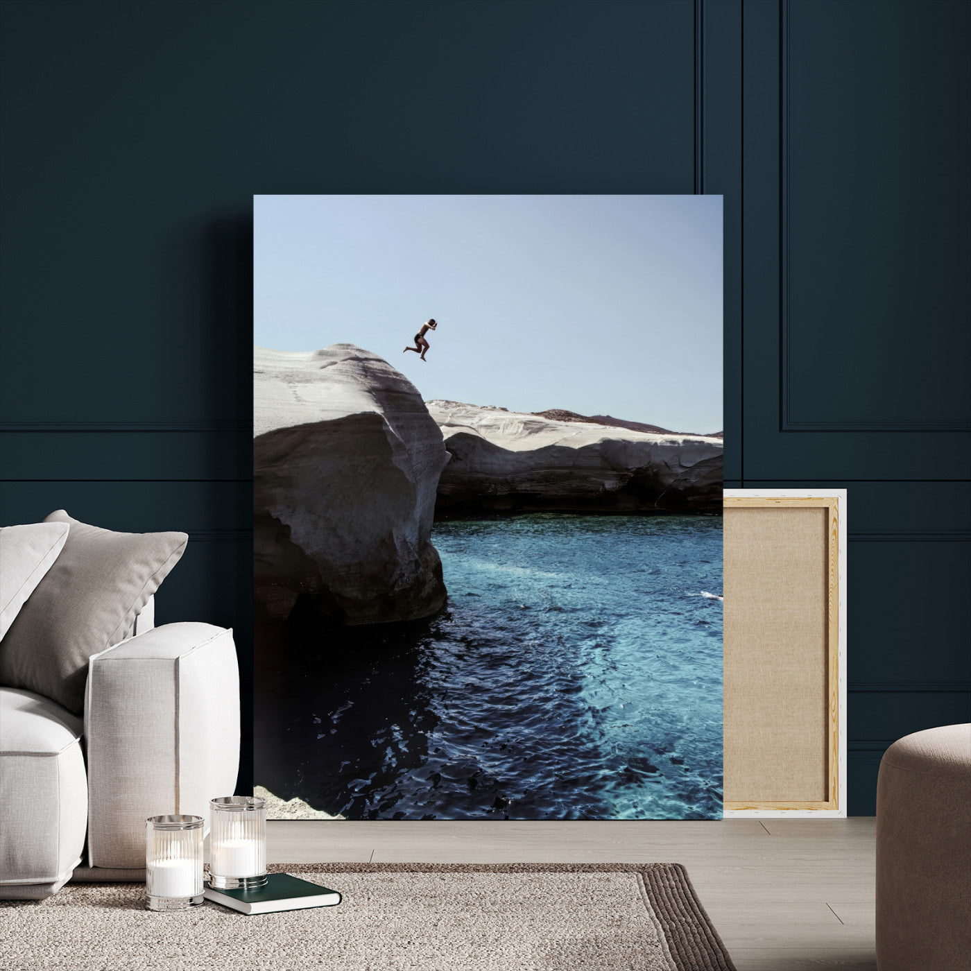 96853328-MGV-CV-24X36-Cliff Diving Wall Art Canvas Print, Framed Turquoise Sea Art Picture Print, Ocean Adventure Perfect Coastal Minimalist Decor