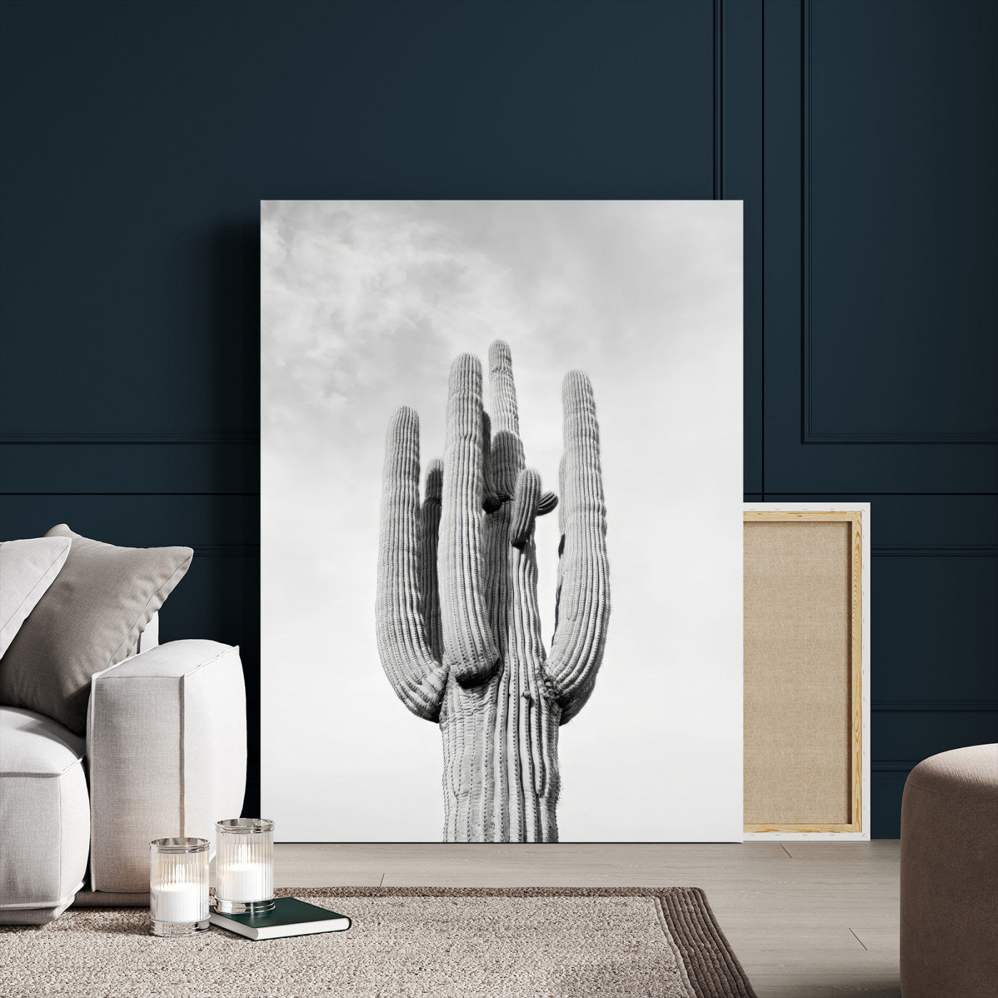 17148959-MGV-CV-24X36-Saguaro Cactus Wall Art Canvas Print, Framed Monochrome Desert Art Picture Print, Black White Cactus Perfect Southwestern