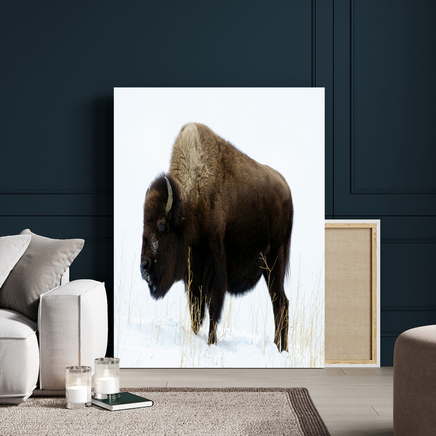 76778120-MGV-CV-24X36-Bison Photography Wall Art Canvas Print, Framed Western Wildlife Art Picture Print, Buffalo On Snow Perfect Western Rustic Decor