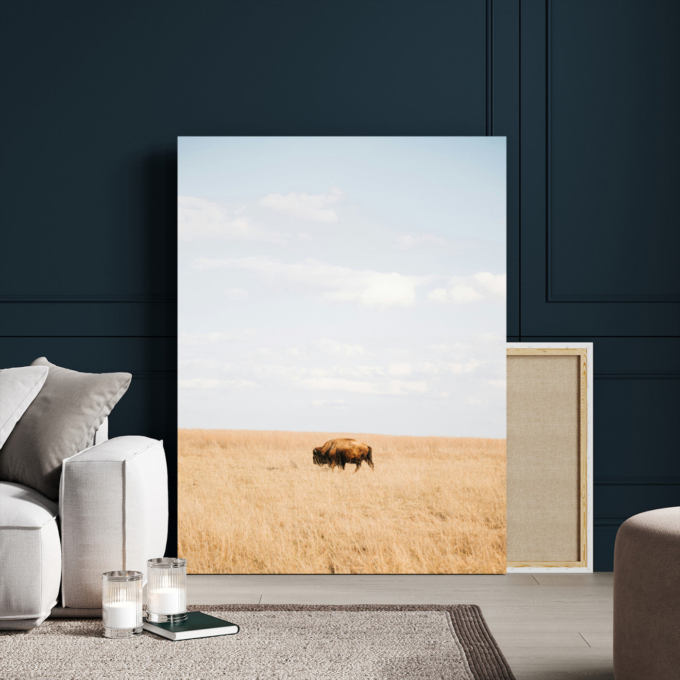 96766166-MGV-CV-24X36-Minimalist Nature Wall Art Canvas Print, Framed Bison In Grassland Art Picture Print, Open Field Perfect Modern Ranch Decor Decor