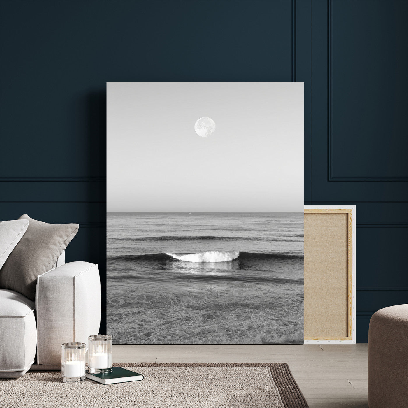 10207552-MGV-CV-24X36-Minimalist Ocean Moon Wall Art – Black and White Seascape Photography Print, Coastal Decor, Calm Ocean Waves with Full Moon for