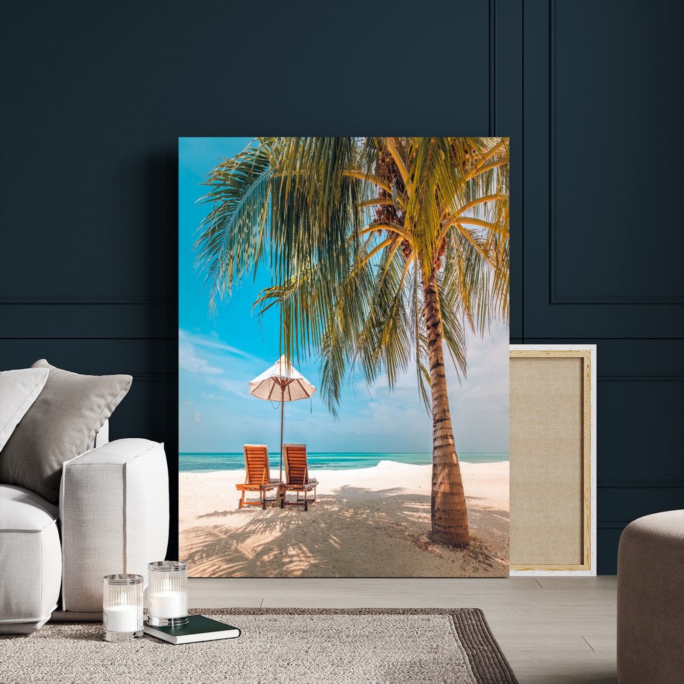 51024-MGV-CV-24X36-Tropical Beach Wall Art Canvas Print, Framed Palm Tree Art Picture Print, Sandy Shoreline Perfect Minimalist Coastal Decor Artwork