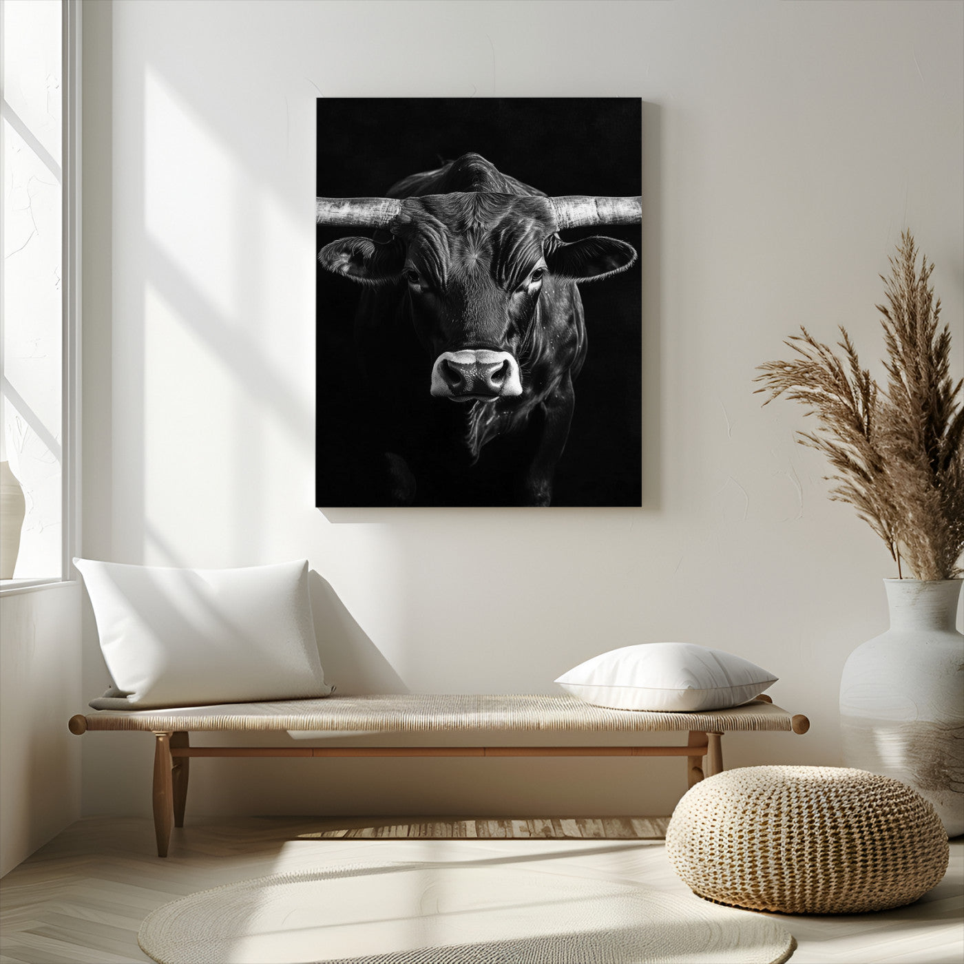 75358747-MGV-CV-24X36-Texas Longhorn Wall Art Canvas Print, Framed Monochrome Bull Art Picture Print, Horned Bull Perfect Minimalist Western Decor