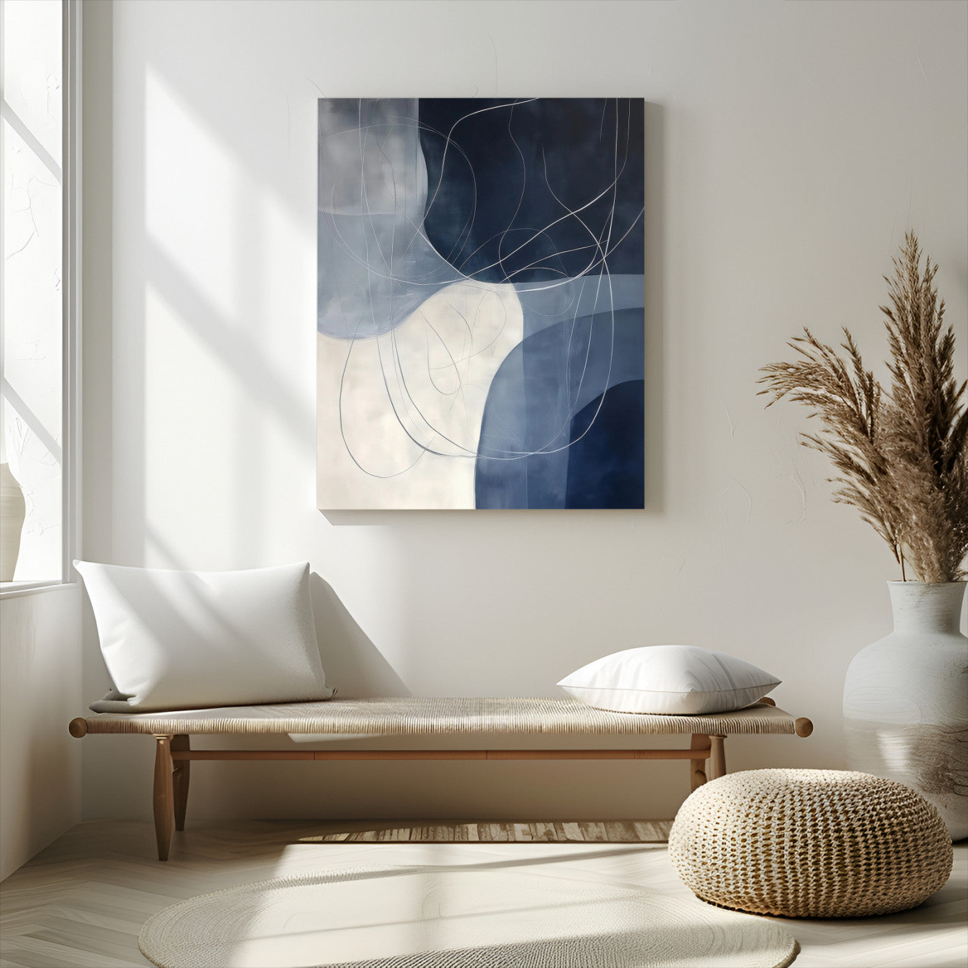 62566633-MGV-CV-24X36-Navy Abstract Wall Art Canvas Print, Framed Minimal Lineart Art Picture Print, Abstract Shapes Perfect Minimalist Abstract Decor