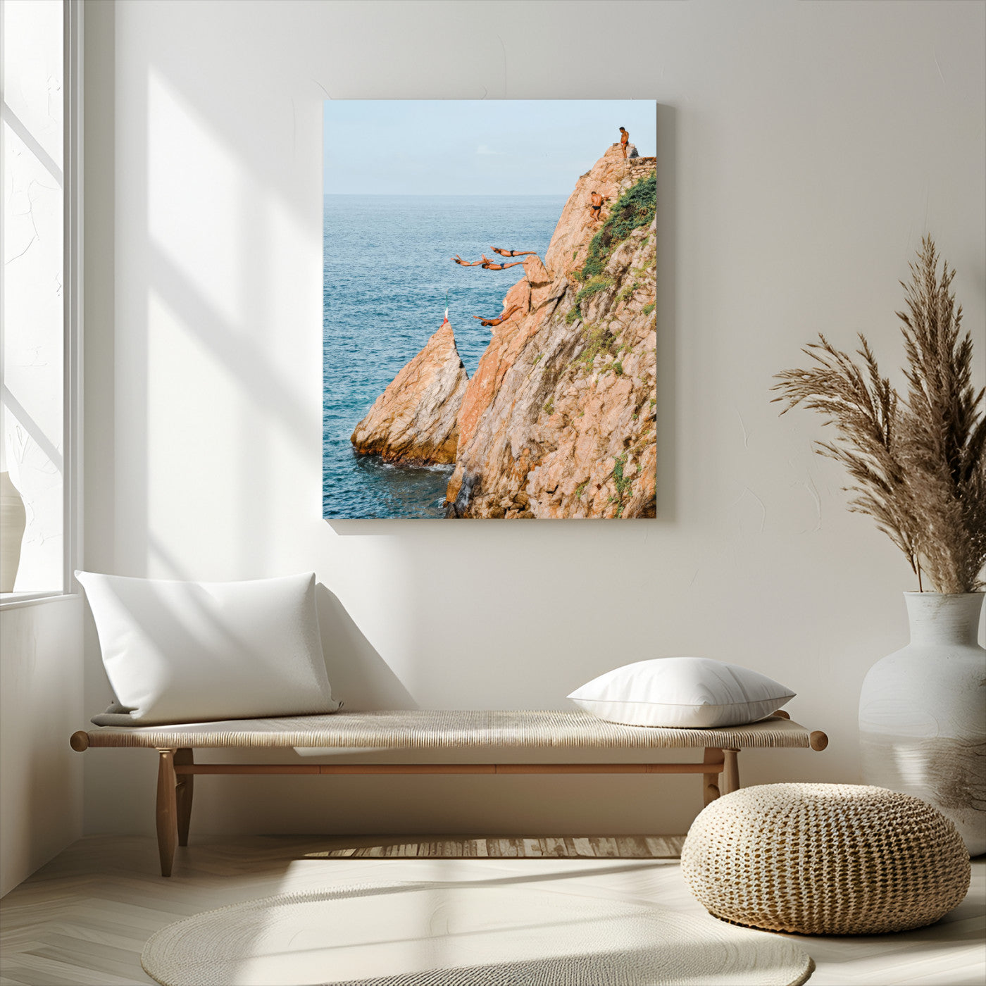 74527880-MGV-CV-24X36-Cliff Divers Wall Art Canvas Print, Framed Ocean Adventure Art Picture Print, Coastal Movement Perfect Adventurous Coastal Decor