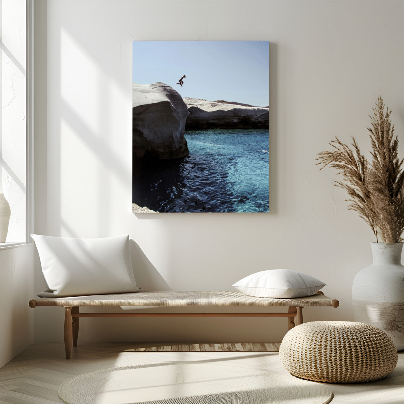 96853328-MGV-CV-24X36-Cliff Diving Wall Art Canvas Print, Framed Turquoise Sea Art Picture Print, Ocean Adventure Perfect Coastal Minimalist Decor