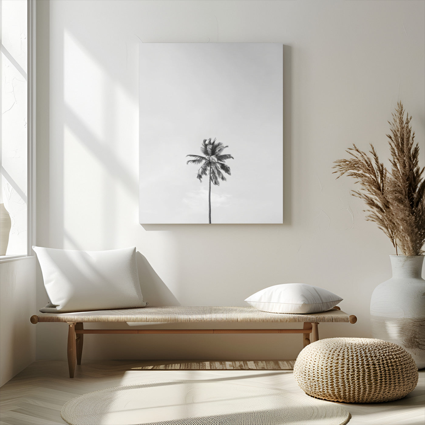 67263674-MGV-CV-24X36-Lone Palm Tree Wall Art Canvas Print, Framed Minimalist Tropical Art Picture Print, Monochrome Beach Perfect Modern Coastal