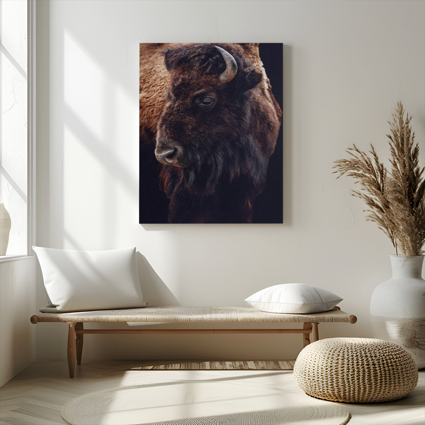 56758157-MGV-CV-24X36-Bison Portrait Wall Art Canvas Print, Framed Rustic Wall Accent Art Picture Print, Lodge Style Perfect Rustic Lodge Decor Artwork