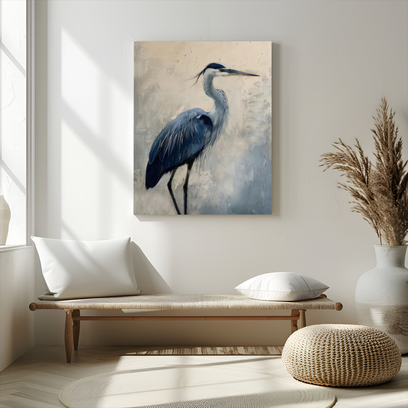 51380726-MGV-CV-24X36-Blue Heron Decor Wall Art Canvas Print, Framed Coastal Bird Design Art Picture Print, Minimal Heron Portrait Perfect Coastal