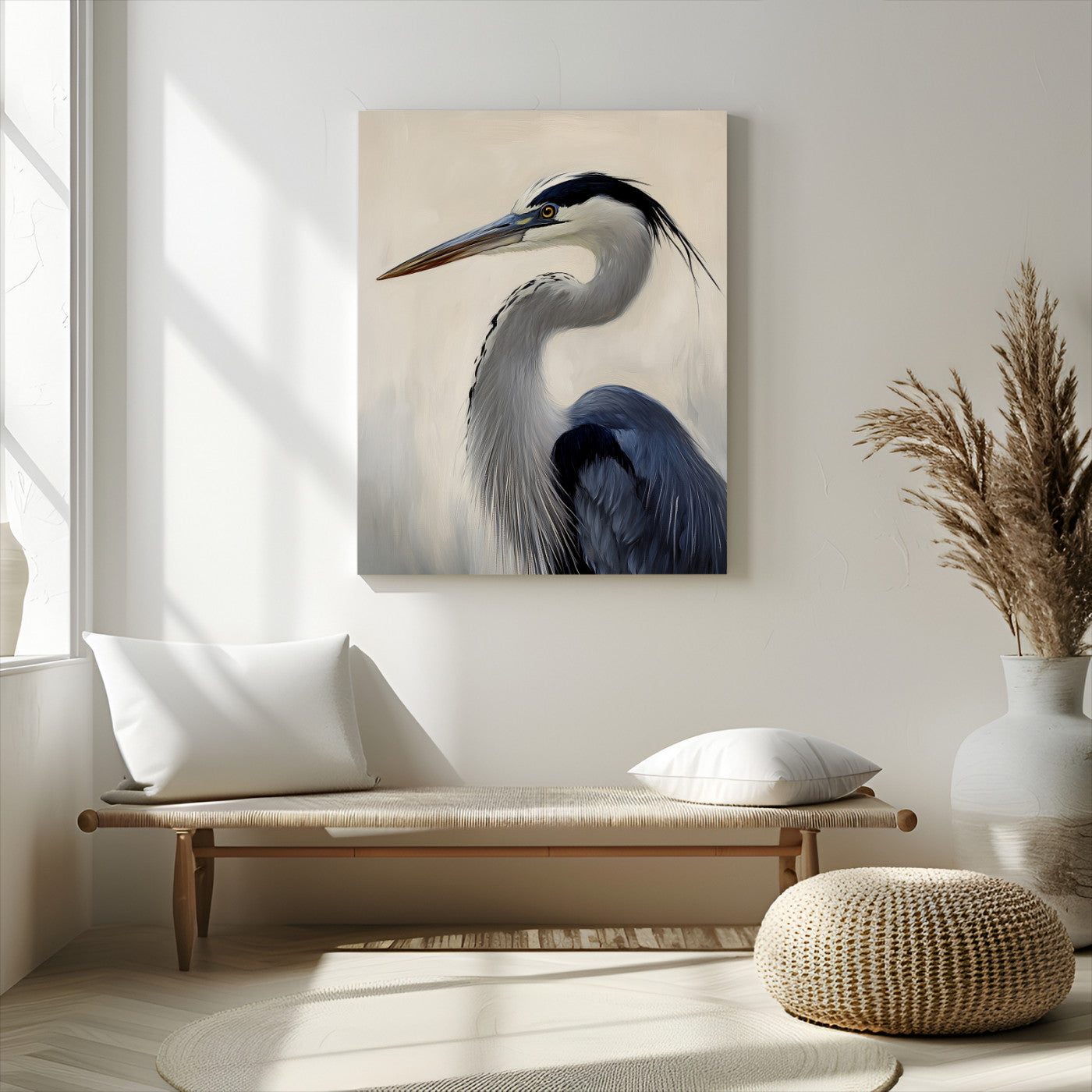 60171823-MGV-CV-24X36-Blue Heron Wall Art Canvas Print, Framed Coastal Bird Theme Art Picture Print, Minimalist Wildlife Perfect Coastal Minimalist
