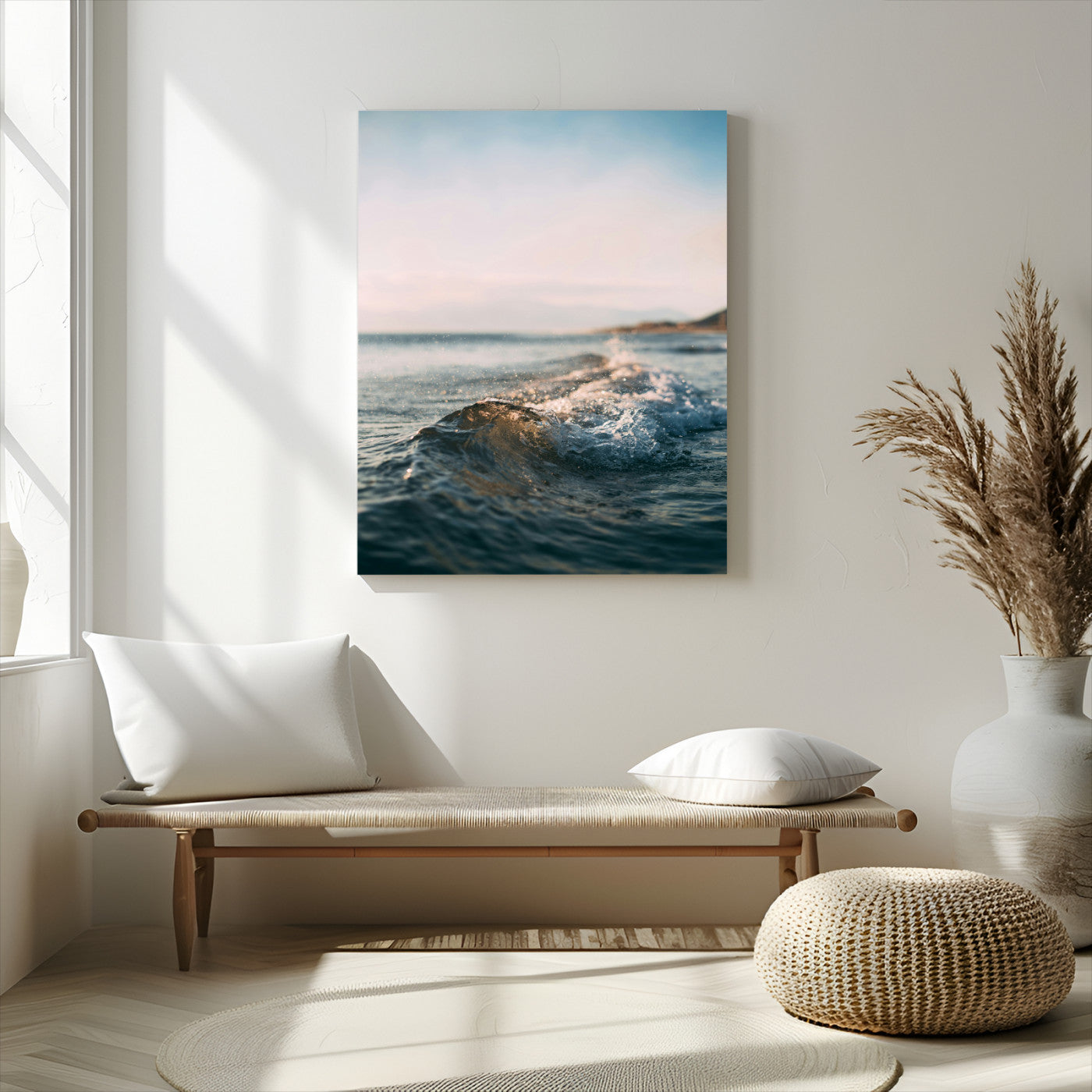 65283502-MGV-CV-24X36-Ocean Waves Wall Art Canvas Print, Framed Coastal Serenity Art Picture Print, Golden Hour Perfect Modern Coastal Decor Artwork
