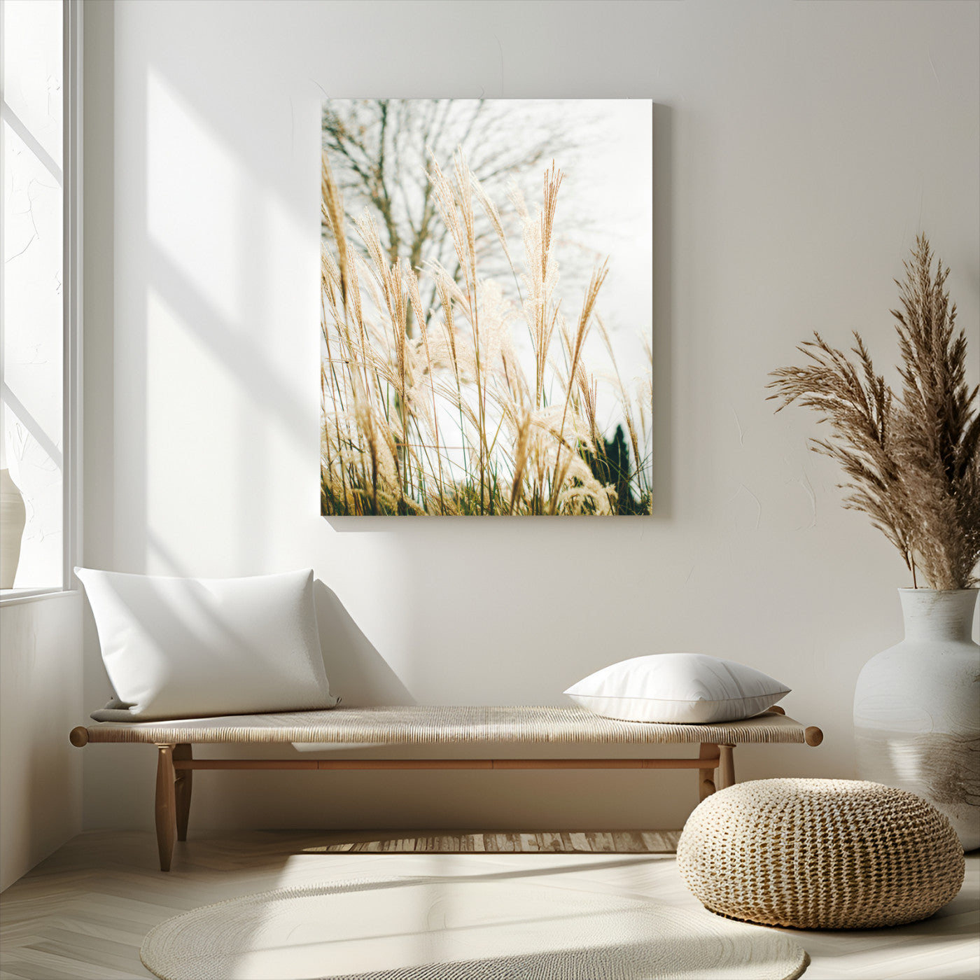 17571705-MGV-CV-24X36-Pampas Grass Wall Art Canvas Print, Framed Neutral Tones Art Picture Print, Minimalist Nature Perfect Boho Minimalist Decor
