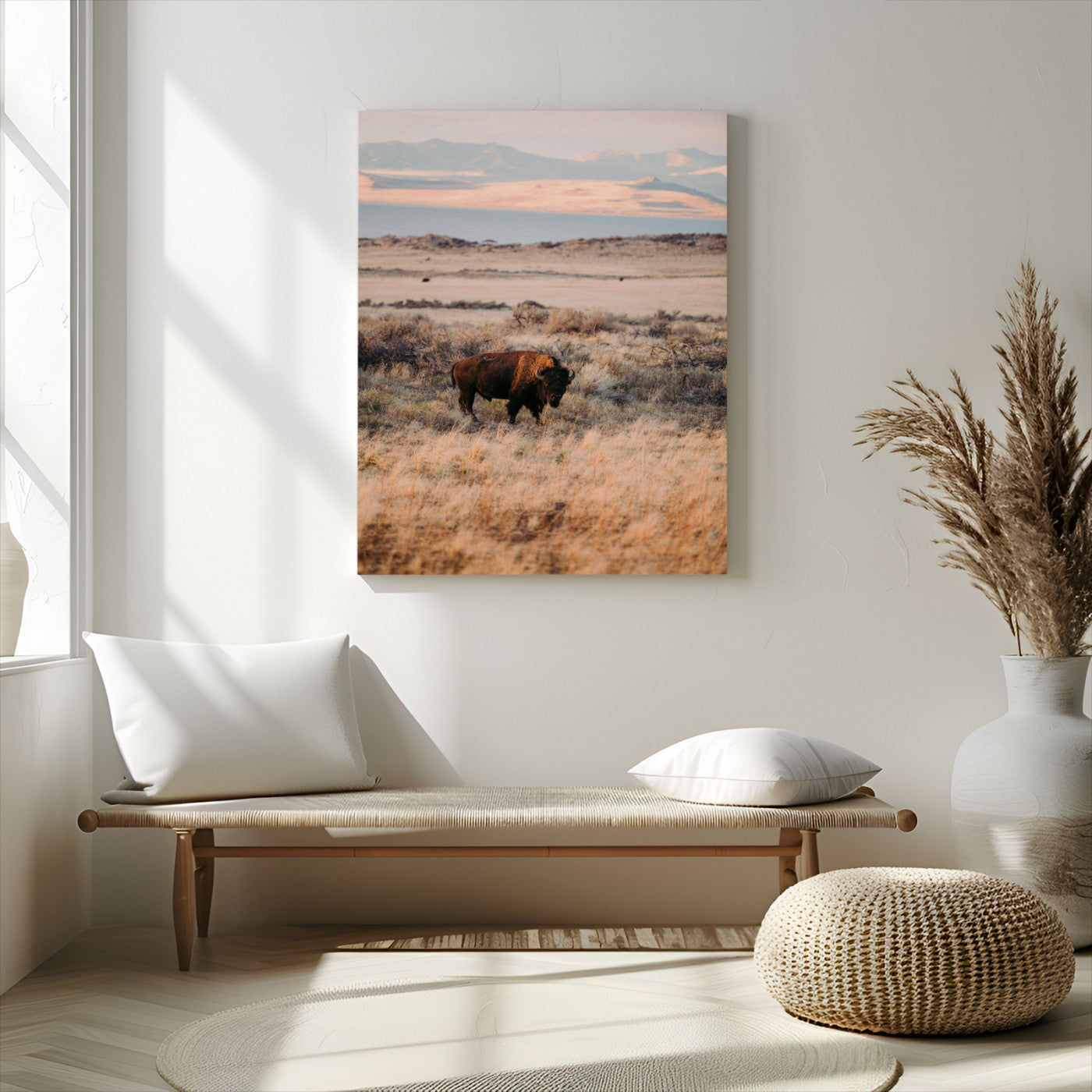 75146693-MGV-CV-24X36-Solitary Buffalo Wall Art Canvas Print, Framed Golden Prairie Art Picture Print, Earthy Tones Perfect Rustic Western Decor Artwork