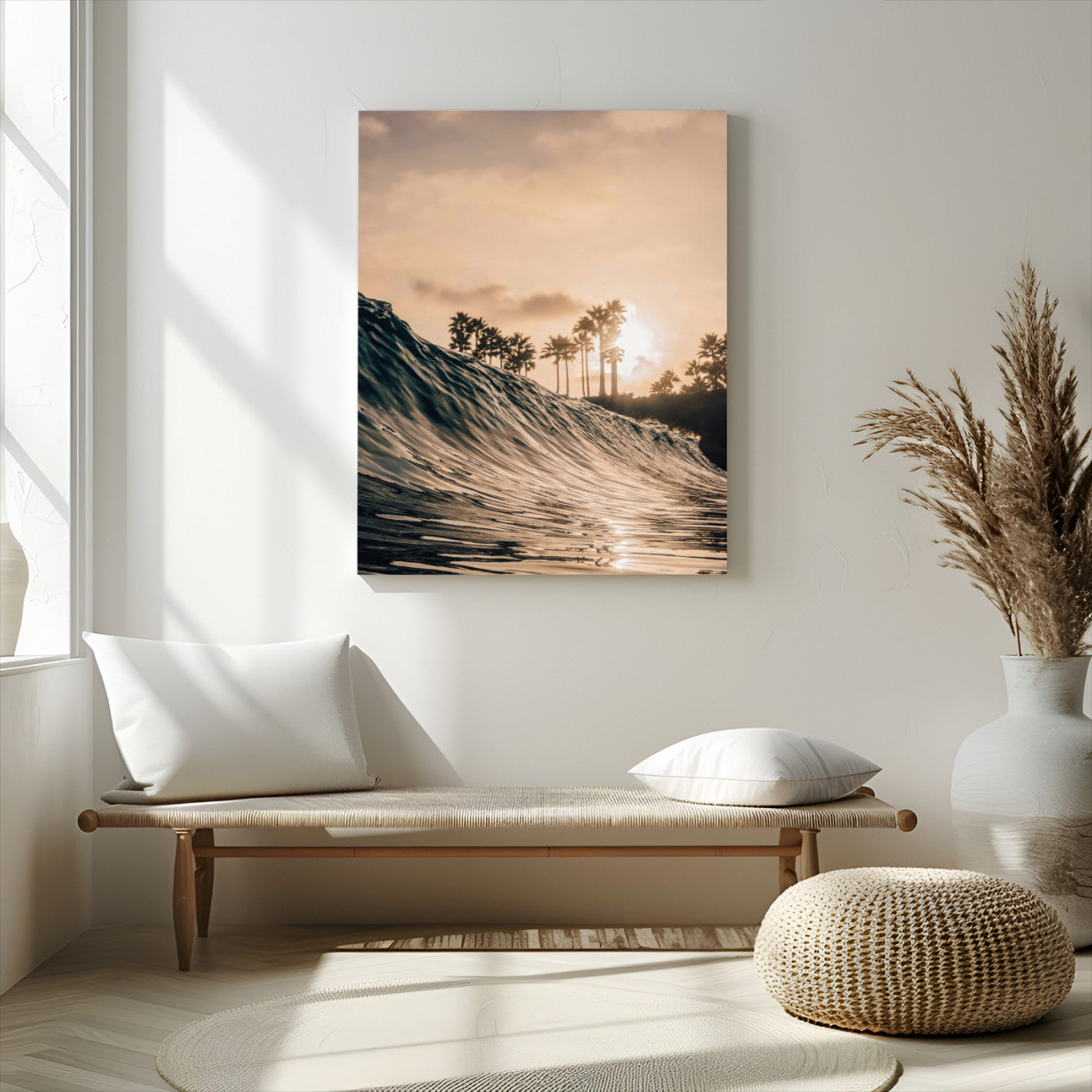 80487302-MGV-CV-24X36-Coastal Sunset Wall Art – Golden Ocean Wave and Palm Trees Canvas Print, Tropical Photography Decor for Bedroom, Living Room,