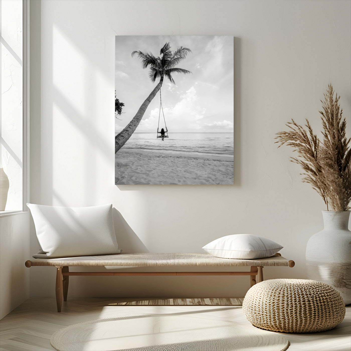 41303063-MGV-CV-24X36-Coastal Wall Art – Palm Tree Swing Black and White Canvas Print, Tropical Beach Photography Decor for Bedroom, Living Room,