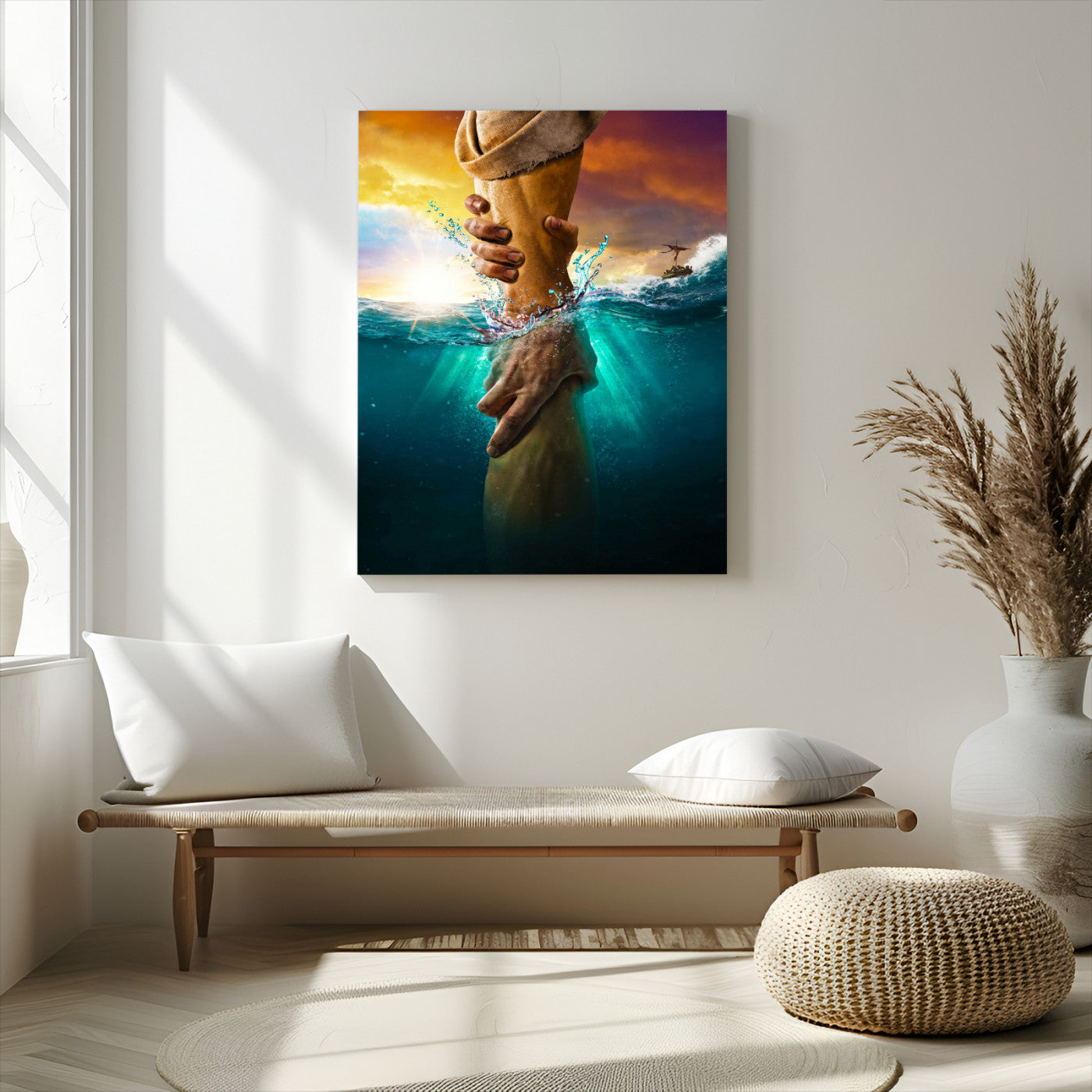 68298058-MGV-CV-24X36-Inspirational Wall Art – Helping Hands Canvas Print, Powerful Ocean and Light Photography Decor for Bedroom, Living Room, Office