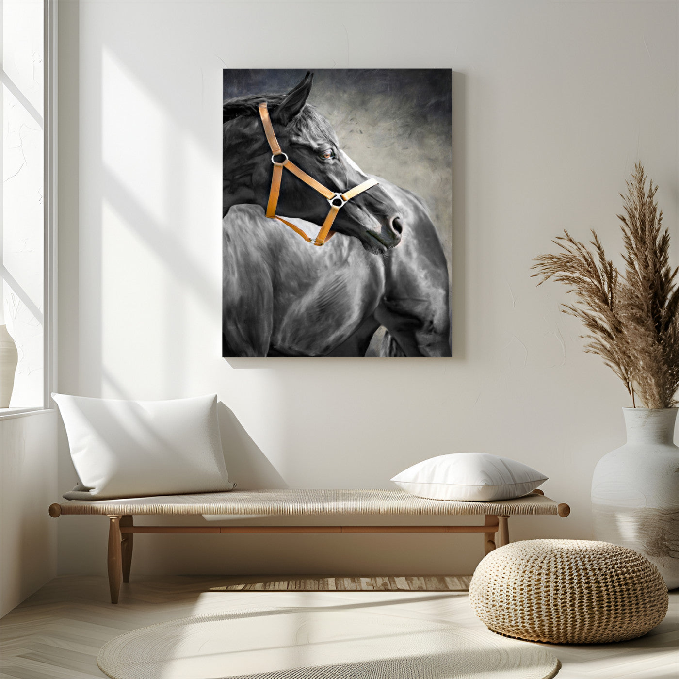 40324916-MGV-CV-24X36-Horse Wall Art – Equestrian Canvas Print, Elegant Black Stallion Portrait with Golden Halter, Rustic Western Photography Decor for