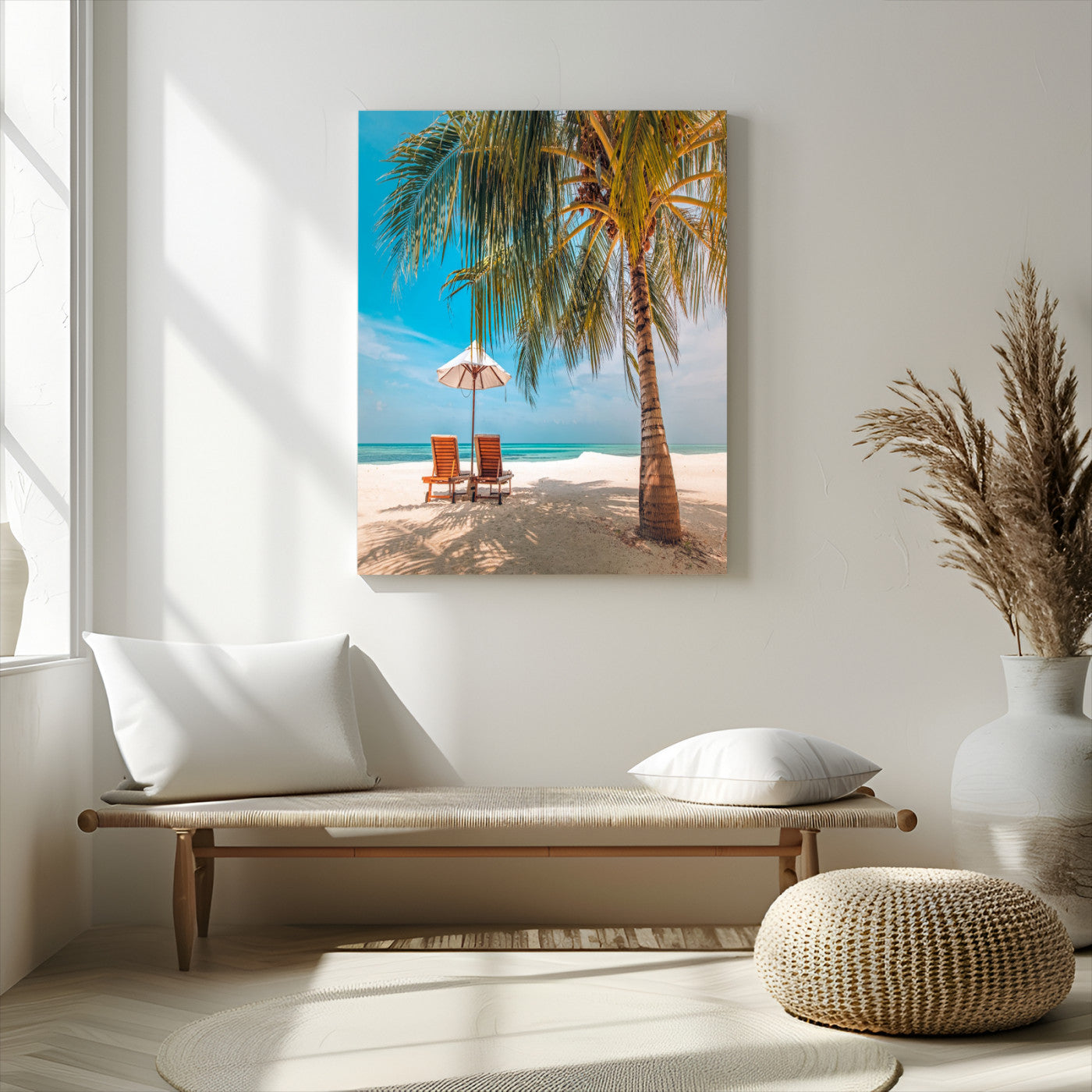 51024-MGV-CV-24X36-Tropical Beach Wall Art Canvas Print, Framed Palm Tree Art Picture Print, Sandy Shoreline Perfect Minimalist Coastal Decor Artwork