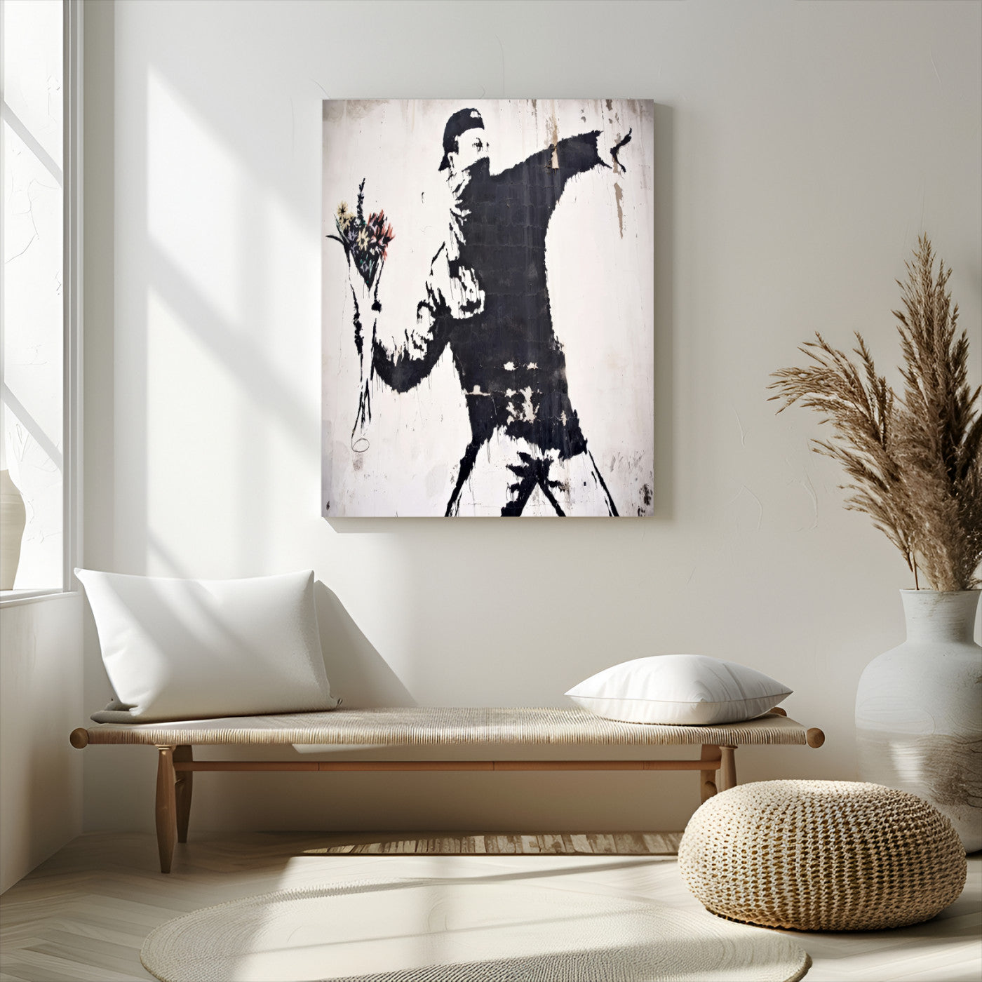 64032-MGV-CV-24X36-Flower Thrower Wall Art Canvas Print, Framed Urban Protest Art Picture Print, Graffiti Style Perfect Urban Contemporary Decor