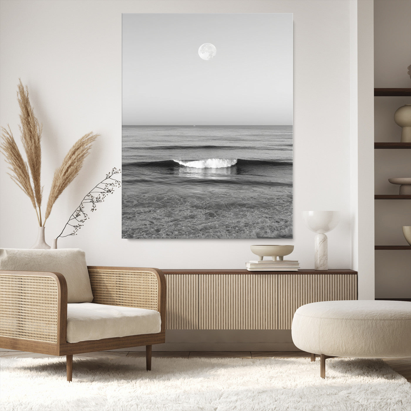 96234442-MGV-CV-24X36-Black White Ocean Scene Wall Art Canvas Print, Framed Full Moon Over Sea Art Picture Print, Tranquil Coastal Canvas Perfect