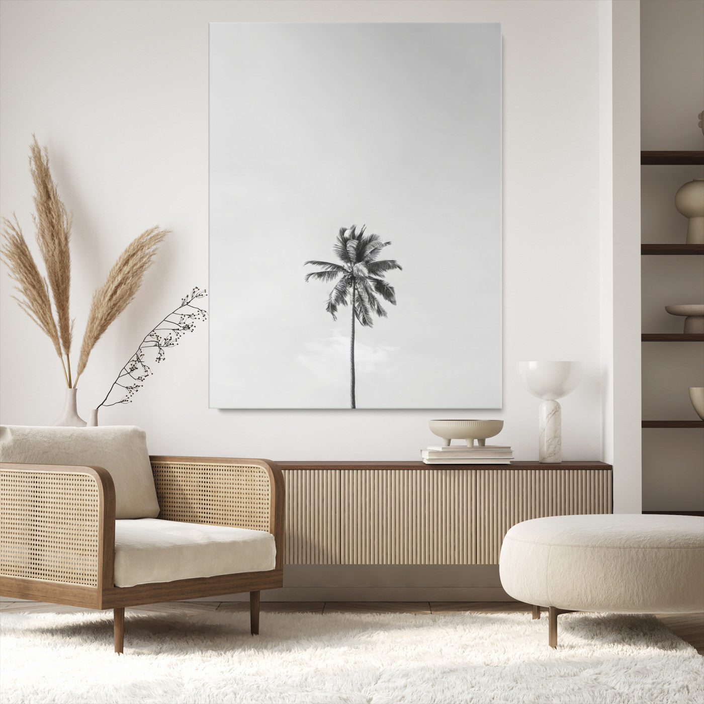 67263674-MGV-CV-24X36-Lone Palm Tree Wall Art Canvas Print, Framed Minimalist Tropical Art Picture Print, Monochrome Beach Perfect Modern Coastal
