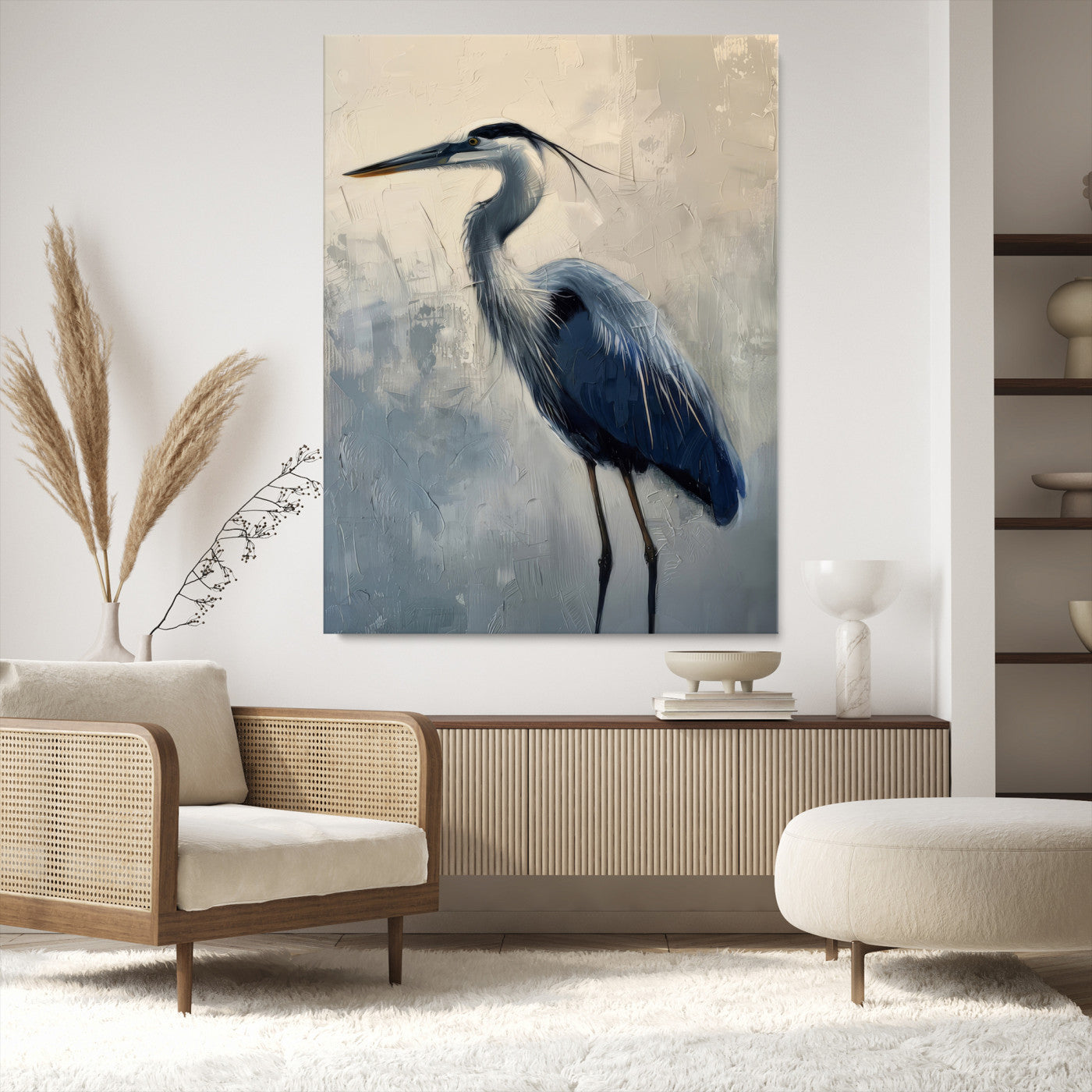 68368019-MGV-CV-24X36-Blue Heron Art Wall Art Canvas Print, Framed Crane Bird Painting Art Picture Print, Elegant Wildlife Scene Perfect Coastal