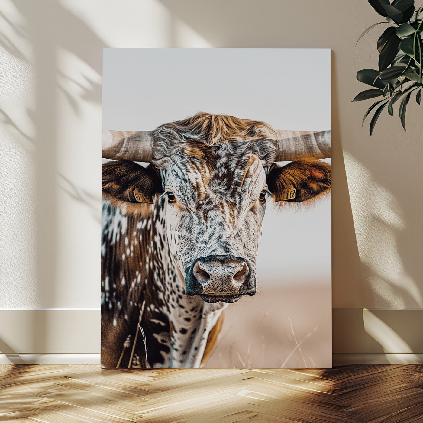 50803532-MGV-CV-24X36-Texas Longhorn Wall Art Canvas Print, Framed Speckled Cow Art Picture Print, Horned Bull Perfect Rustic Western Decor Artwork