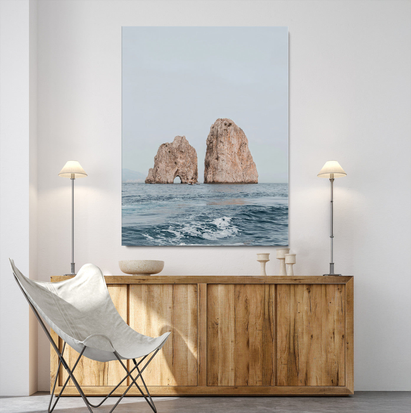 23148844-MGV-CV-24X36-Faraglioni Capri Wall Art Canvas Print, Framed Serene Ocean Art Picture Print, Mediterranean Coastal Perfect Mediterranean