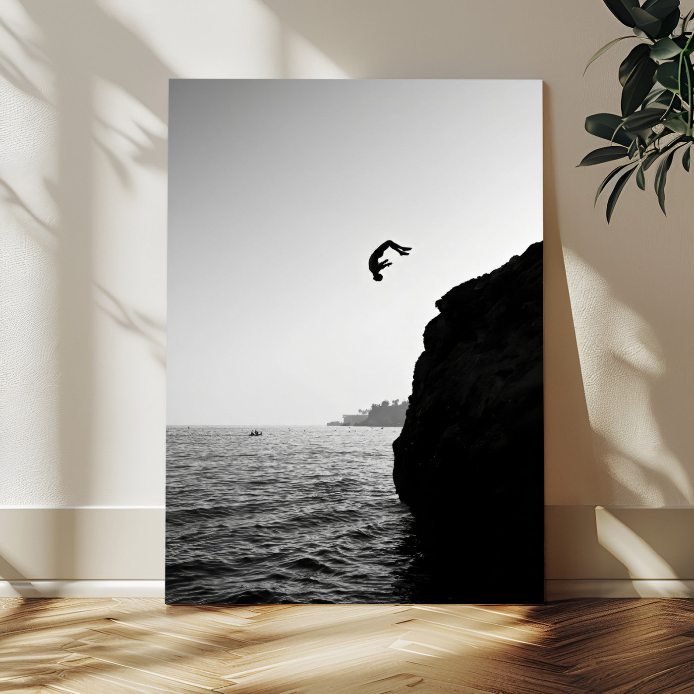 99497106-MGV-CV-24X36-Cliff Jumping Wall Art Canvas Print, Framed Black White Ocean Art Picture Print, Monochrome Cliff Perfect Minimalist Adventure