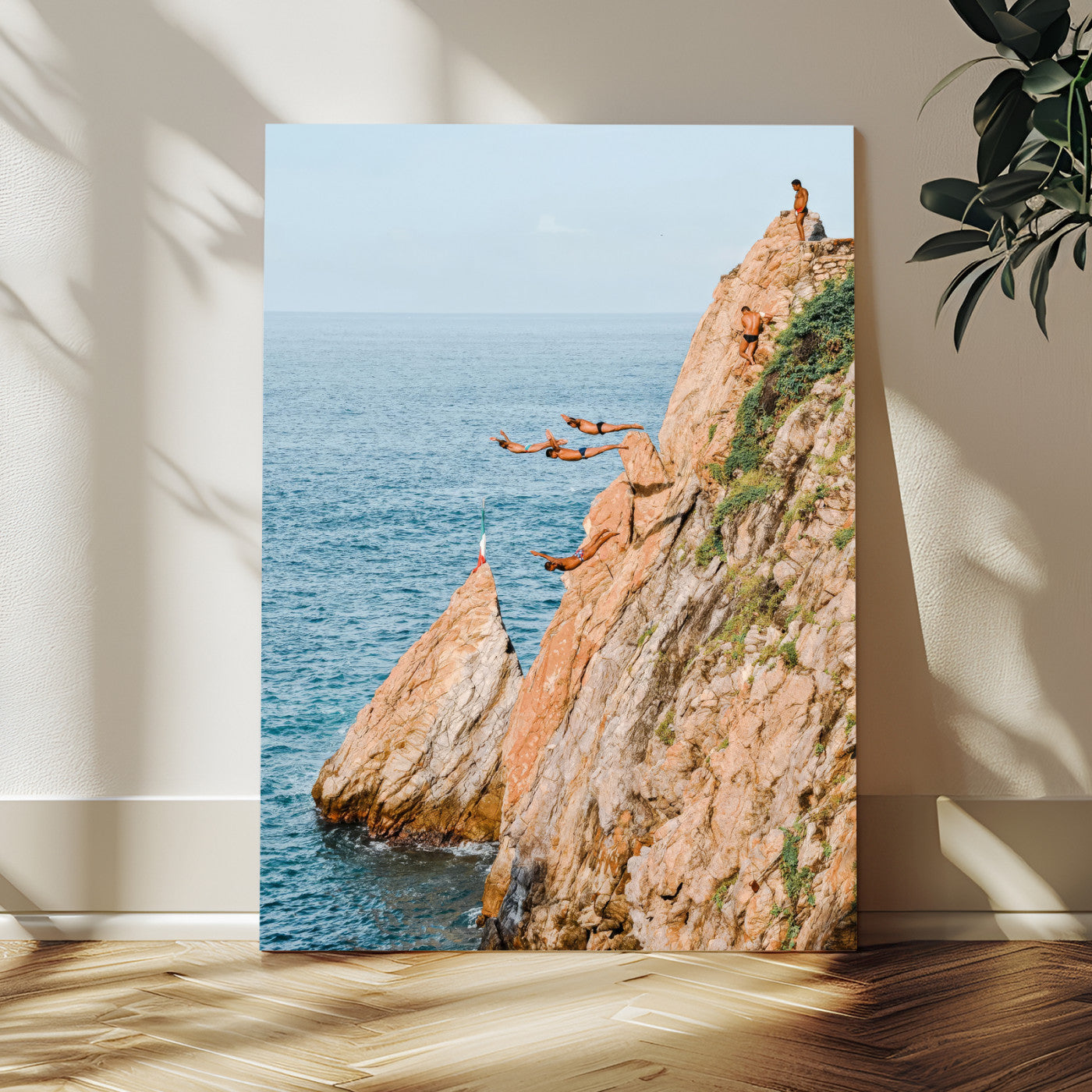 74527880-MGV-CV-24X36-Cliff Divers Wall Art Canvas Print, Framed Ocean Adventure Art Picture Print, Coastal Movement Perfect Adventurous Coastal Decor