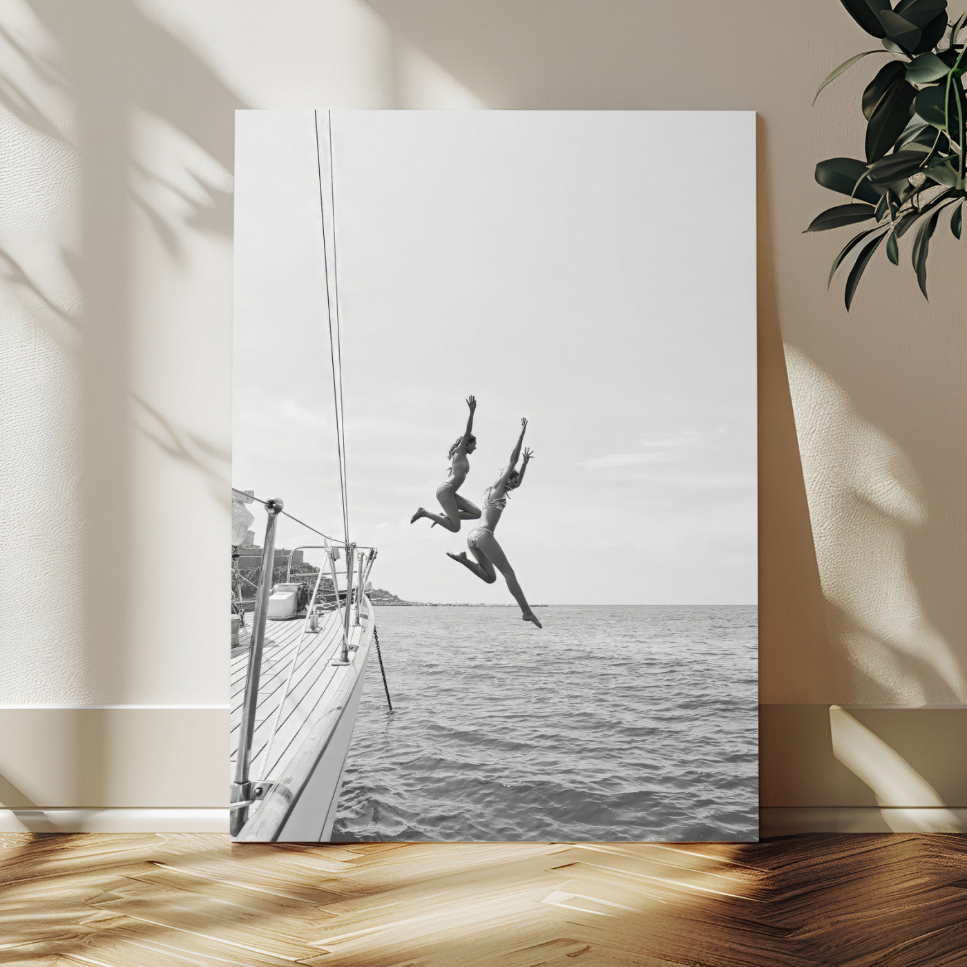 74555508-MGV-CV-24X36-Black White Sailing Wall Art Canvas Print, Framed Ocean Adventure Art Picture Print, Summer Energy Perfect Modern Minimalism Decor