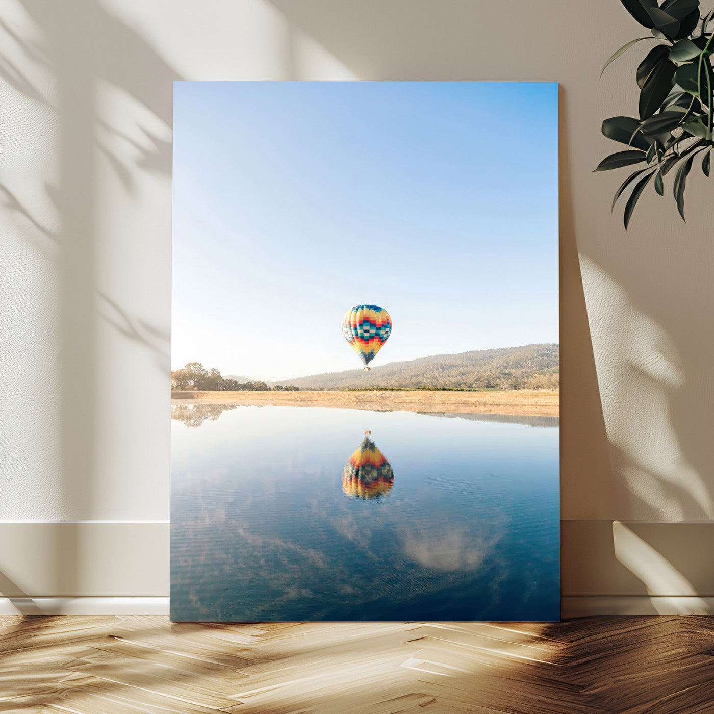 98091684-MGV-CV-24X36-Hot Air Balloon Wall Art Canvas Print, Framed Flight Reflection Art Picture Print, Peaceful Lakeside Perfect Modern Minimalist