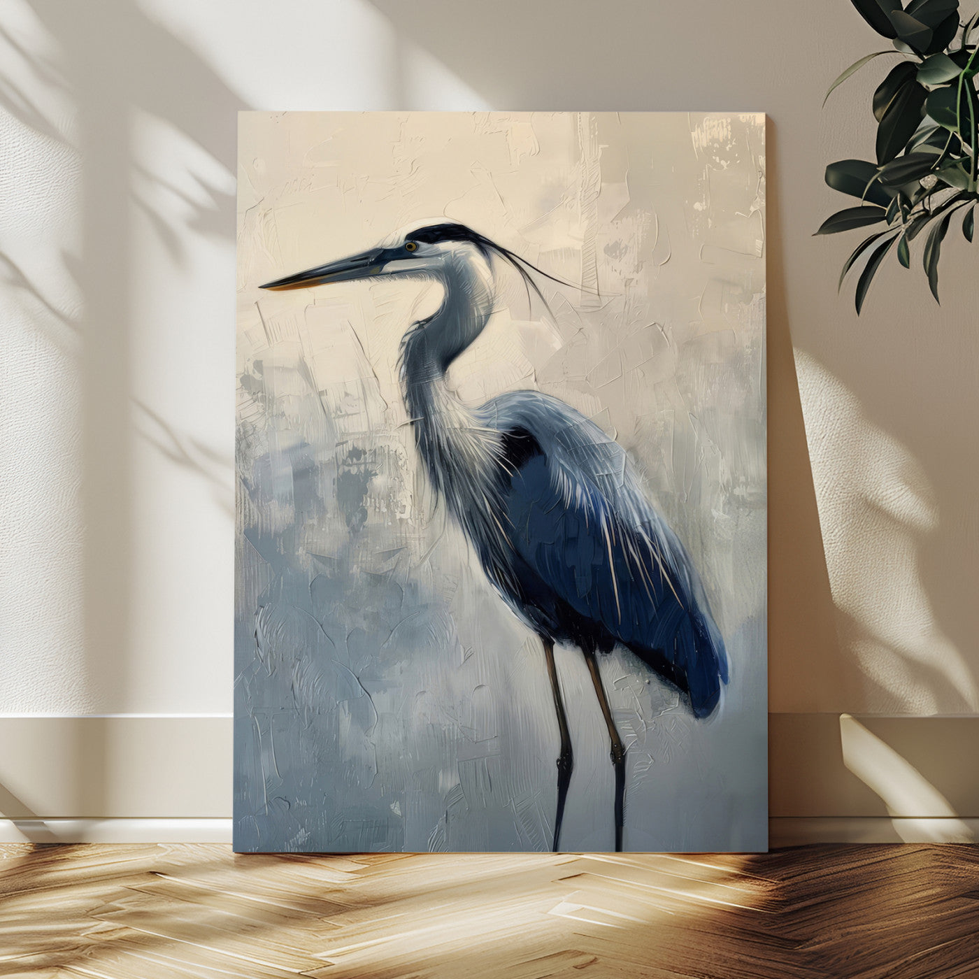 68368019-MGV-CV-24X36-Blue Heron Art Wall Art Canvas Print, Framed Crane Bird Painting Art Picture Print, Elegant Wildlife Scene Perfect Coastal