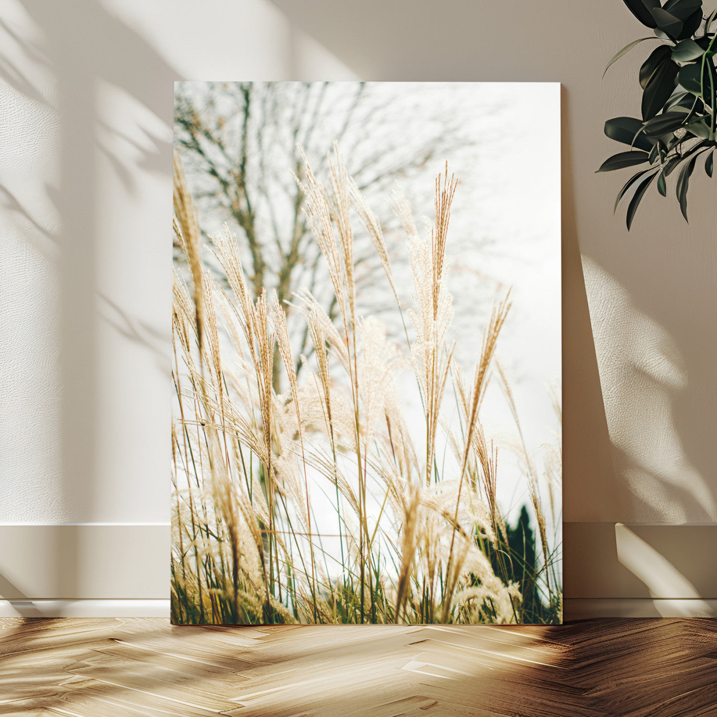 17571705-MGV-CV-24X36-Pampas Grass Wall Art Canvas Print, Framed Neutral Tones Art Picture Print, Minimalist Nature Perfect Boho Minimalist Decor