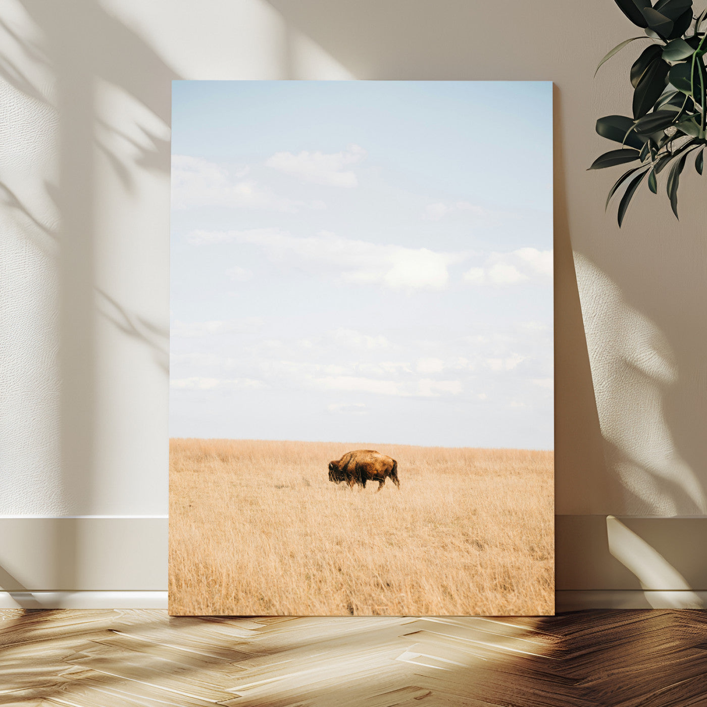 96766166-MGV-CV-24X36-Minimalist Nature Wall Art Canvas Print, Framed Bison In Grassland Art Picture Print, Open Field Perfect Modern Ranch Decor Decor